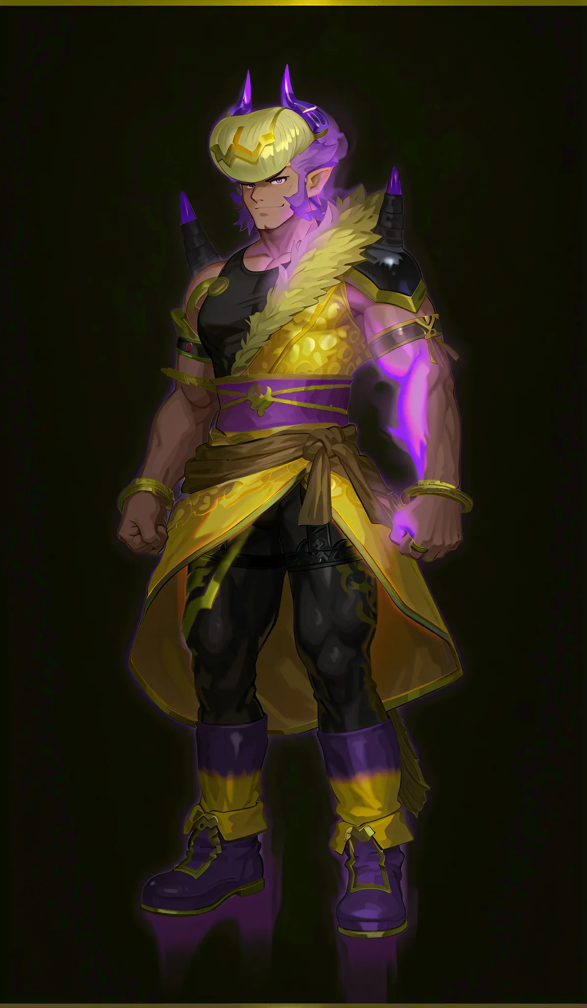 legendary style men's pomade hairstyle、Mohawk Line is blonde,Purple hair on both sides, Male in his late 30s!!,Muscular,Giga Chad!!,from right shoulder to chest、黄色のワイルドな装飾Likeヒョウ柄,  The magician's robe with a Tsukamoto motif , Moon and wild themed costume,...