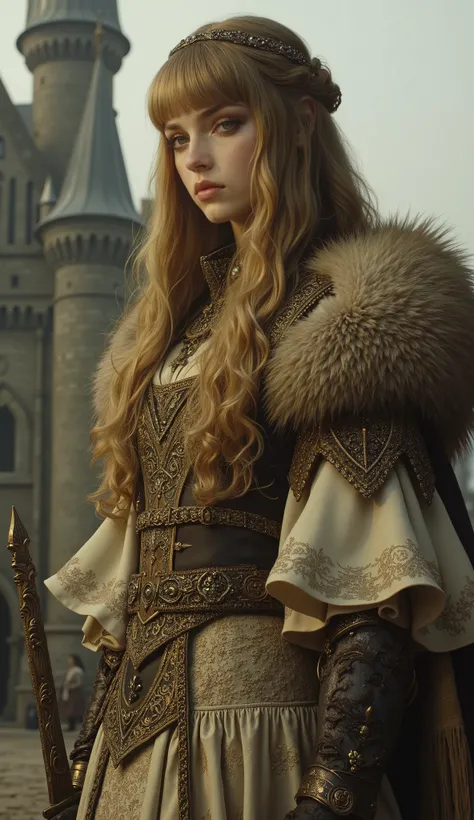 Epic 90s fantasy movie still, a beautiful young woman of Nordic descent, long flowing golden hair with neat blunt bangs, delicate facial features, flawless porcelain skin, innocent eyes with a hint of firm determination. Wearing an intricate, elegant hairb...