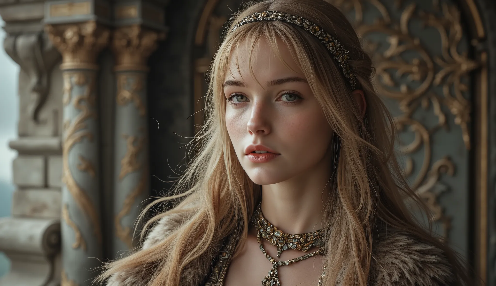 Epic 2000s fantasy movie still: A strikingly beautiful young woman of Nordic descent, featuring long, flowing golden hair with perfectly straight-cut bangs framing her delicate, exquisite facial features. Her skin is as smooth and white as porcelain, and h...