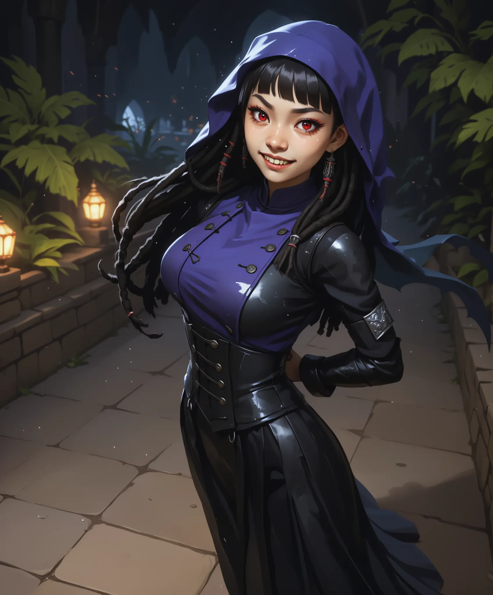 Slender body. White skin. Cute 18-year-old Asian bat-demon girl with Asian red eyes and sharp teeth and dreadlocks with white highlights. She has a cute and beautiful face. She has a round and young face with a pointy chin. Her black body is athletic with ...