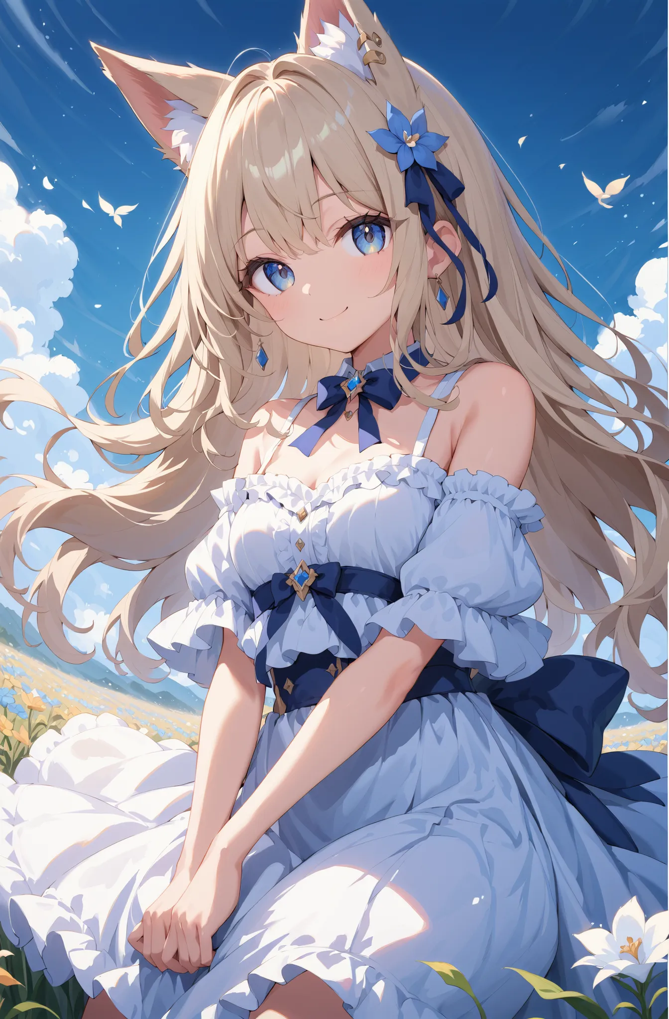 masterpiece、concept art、(very detailed)、 (((masterpiece、top quality))) 、Girl tarry sky、Moonlight:1.2、Flower field、(fox ear、Off-the-Shoulder、platinum blonde、Long Hair、ruffle skirt)、( A soft smile )