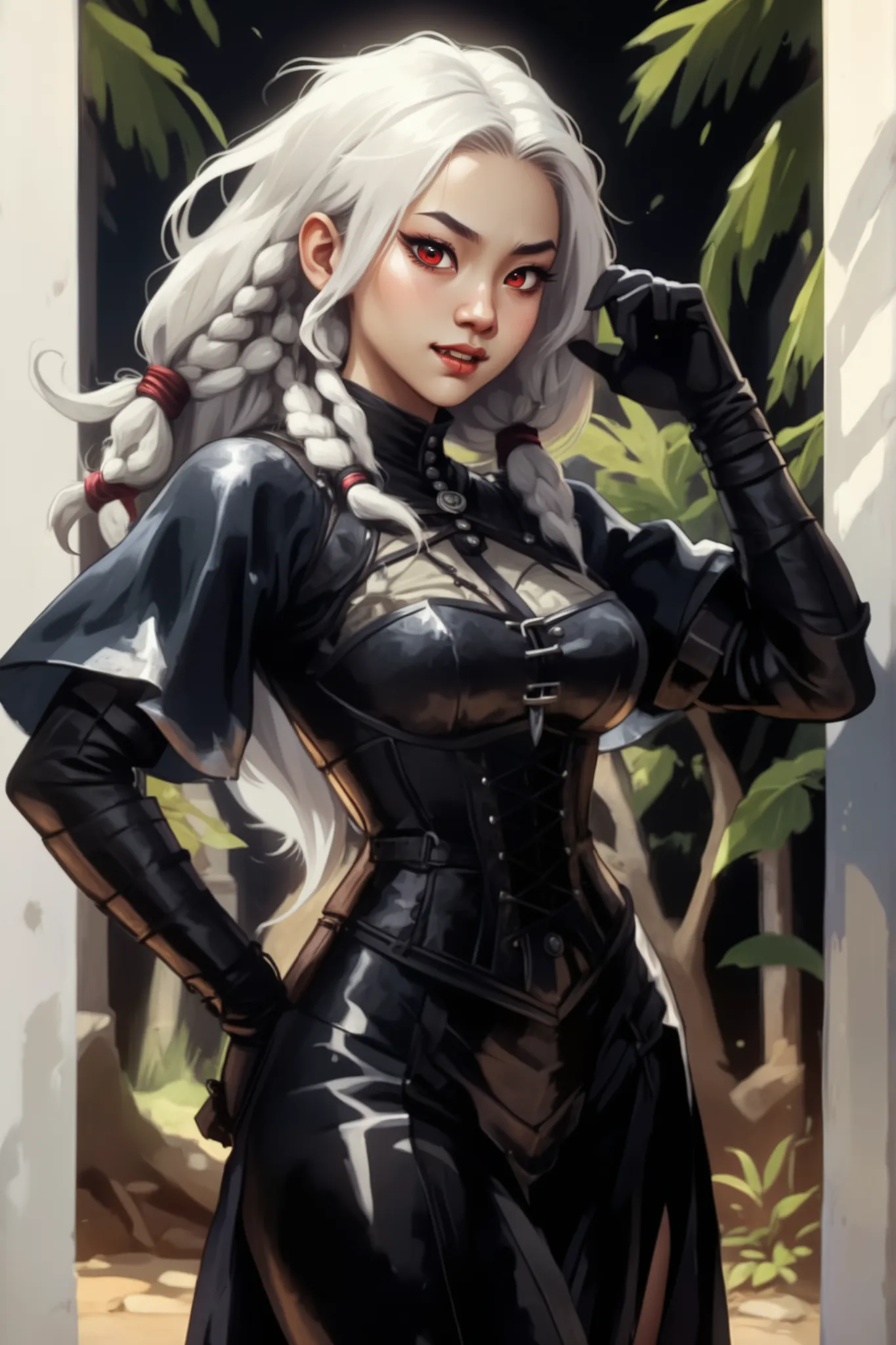 Slender body. White skin. Cute 18-year-old Asian bat-demon girl with Asian red eyes and sharp teeth and dreadlocks with white highlights. She has a cute and beautiful face. She has a round and young face with a pointy chin. Her black body is athletic with ...