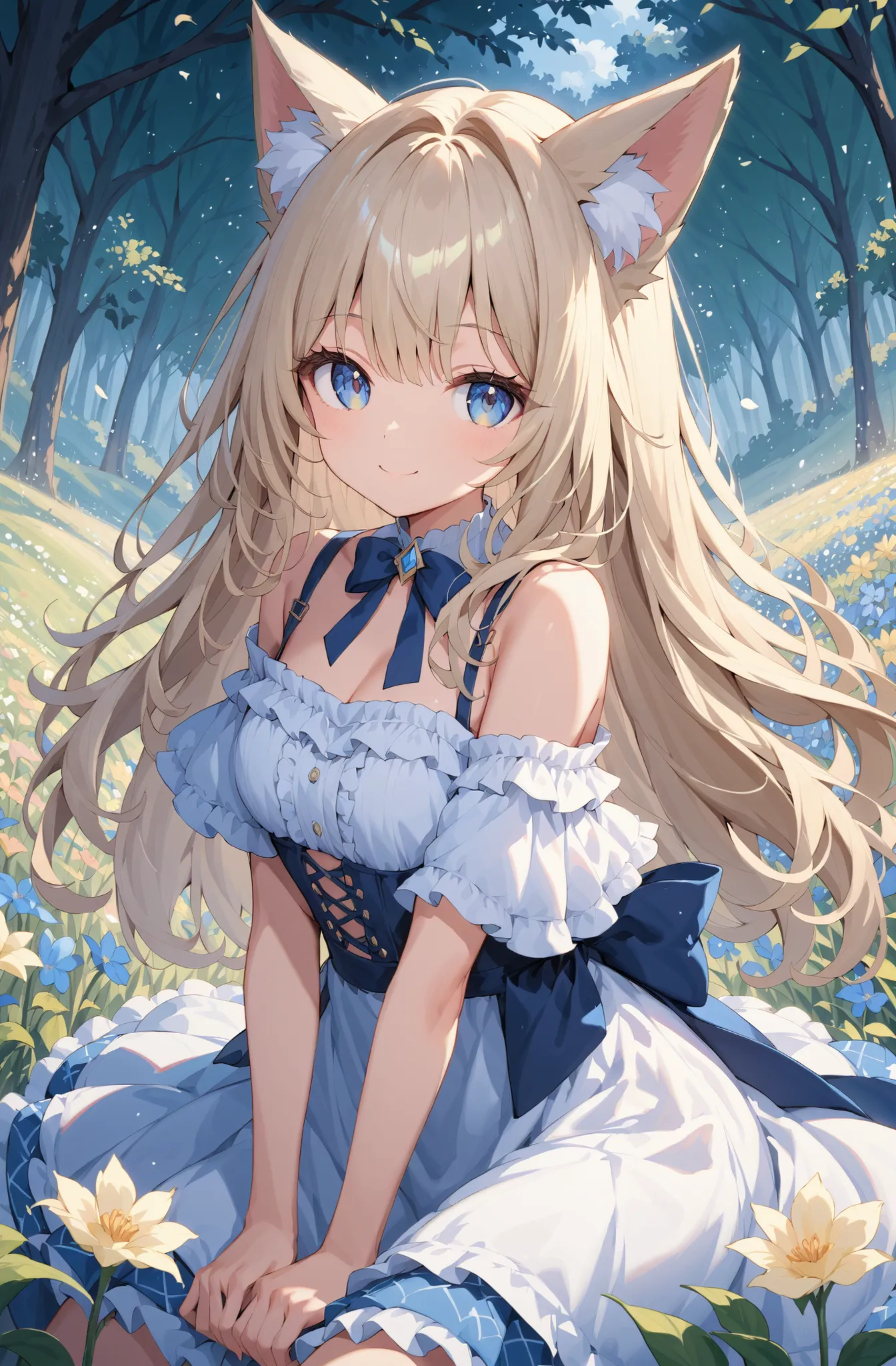 masterpiece、concept art、(very detailed)、 (((masterpiece、top quality))) 、Girl tarry sky、Moonlight:1.2、Flower field、(fox ear、Off-the-Shoulder、platinum blonde、Long Hair、ruffle skirt)、( A soft smile )