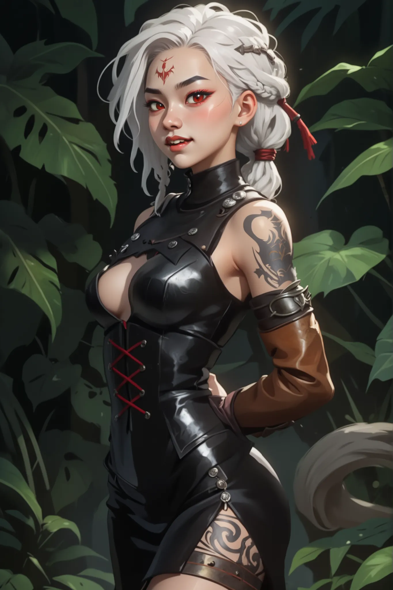 Slender body. White skin. Cute 18-year-old Asian bat-demon girl with Asian red eyes and sharp teeth and dreadlocks with white highlights. She has a cute and beautiful face. She has a round and young face with a pointy chin. Her black body is athletic with ...