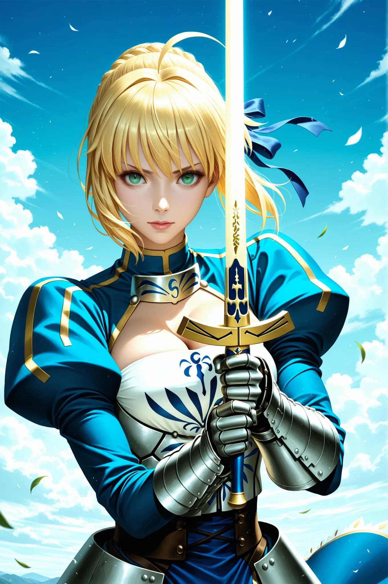 masterpiece, best quality, 2.5D, realistic, ,weapon, holding sword, 1girl, saber, fate_(series), 1girl, blonde_hair, green_eyes, tied hair