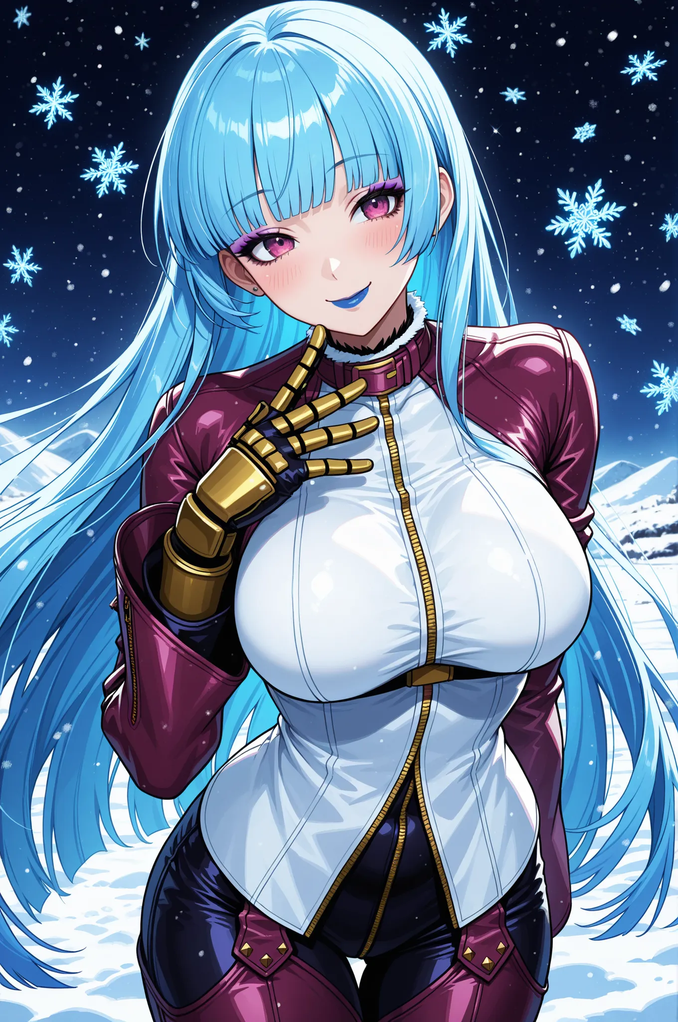 masterpiece, best quality, absurdres, newest, very aesthetic, amazing quality,highres, Kula Diamond \(king of fighters\), blue hair, hime cut, purple eyes, gloves, (1girl), (detailed face:1.2), (detailed eyes:1.3), black eyeliner,purple eyeshadow, blue lip...