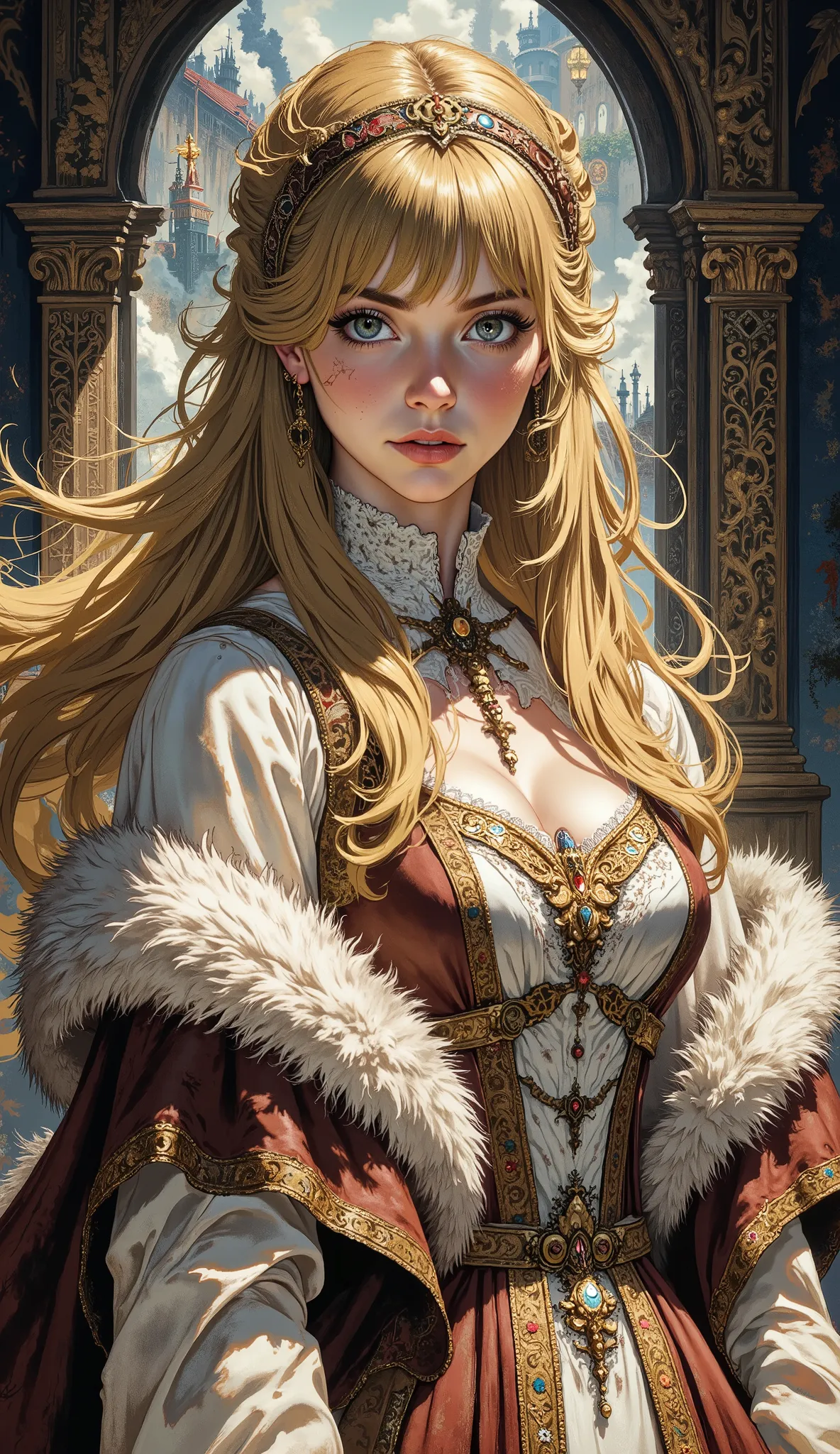 Epic 2000s fantasy movie still: A strikingly beautiful young woman of Nordic descent, featuring long, flowing golden hair with perfectly straight-cut bangs framing her delicate, exquisite facial features. Her skin is as smooth and white as porcelain, and h...