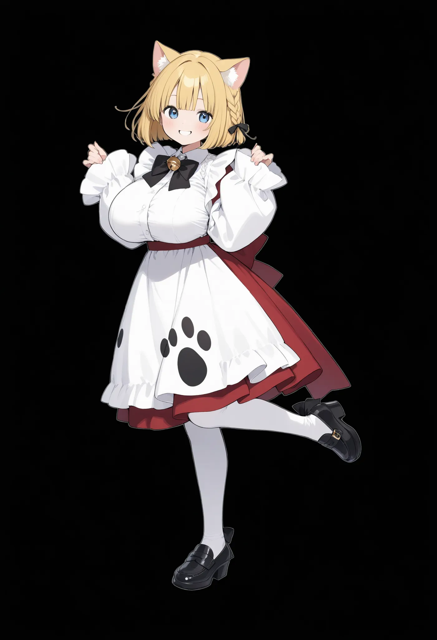 Blonde Cat Ears、bob cut blonde hair、 braids on both sides、big breasts、Smiling、20 year old girl