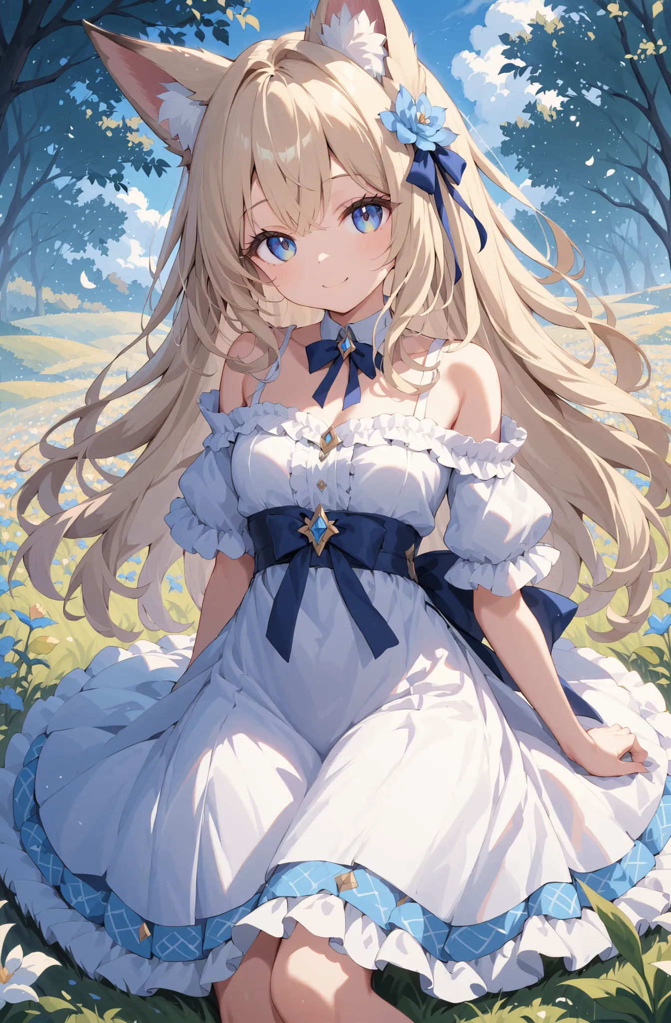 masterpiece、concept art、(very detailed)、 (((masterpiece、top quality))) 、Girl tarry sky、Moonlight:1.2、Flower field、(fox ear、Off-the-Shoulder、platinum blonde、Long Hair、ruffle skirt)、( A soft smile )