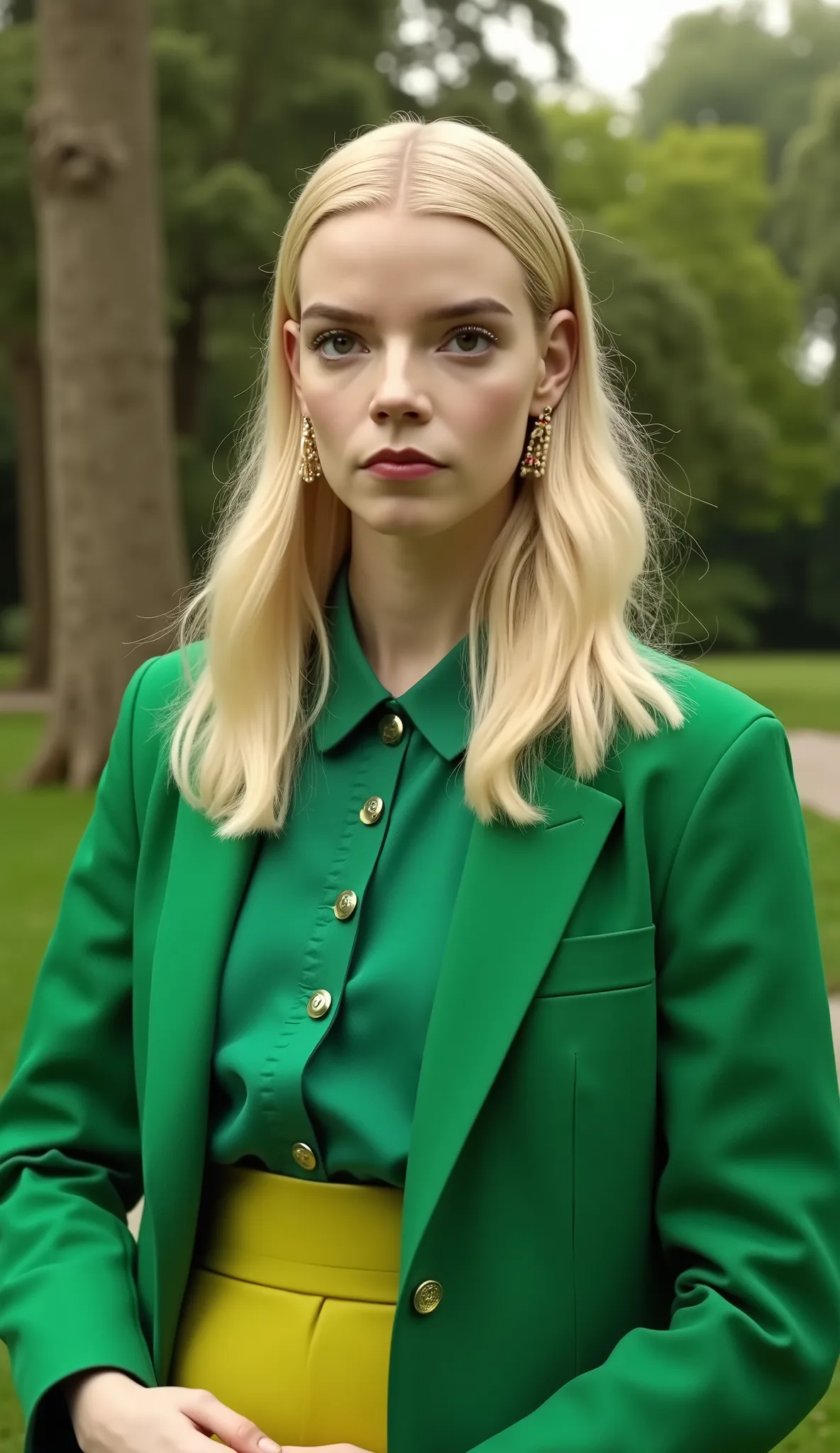 Make Anya Taylor-Joy hyper realistic dressed in green with blonde hair in a hyper realistic park upper body in 8k
