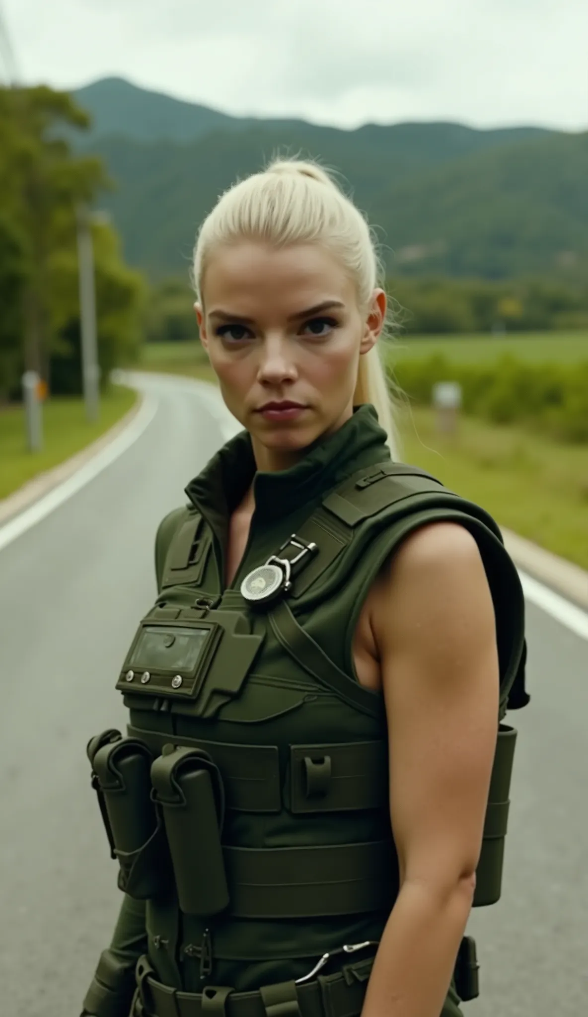Play Anya Taylor-Joy, hiper-realista, dressed as Sonya Blade from the green tactician Mortal Kombat with blond hair in a park with a hyperrealistic background, road and upper body in 8k.
