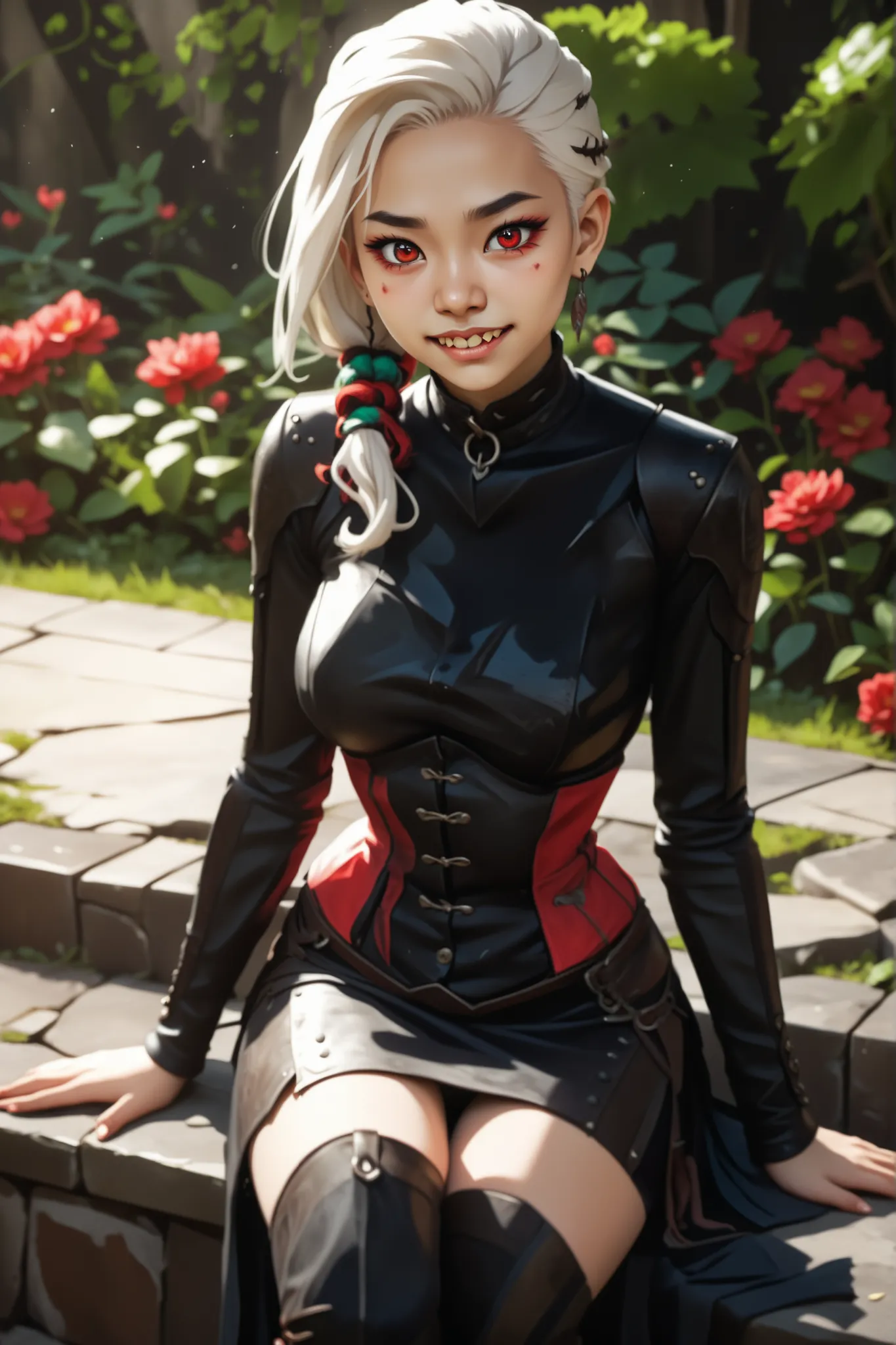 Slender body. White skin. Cute 18-year-old Asian bat-demon girl with Asian red eyes and sharp teeth and dreadlocks with white highlights. She has a cute and beautiful face. She has a round and young face with a pointy chin. Her black body is athletic with ...
