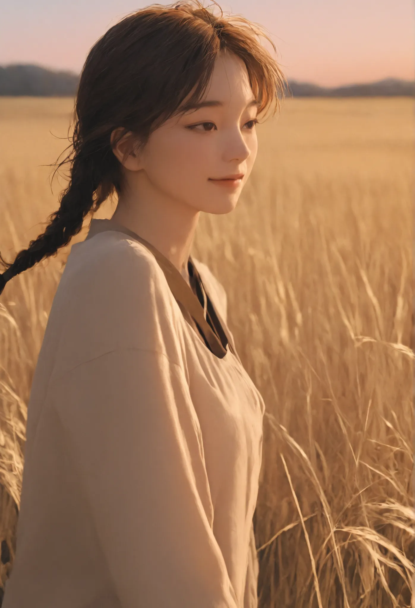 A cinematic close-up portrait of a beautiful young Asian woman in her 20s with loosely tied twin braids (pigtails). She is standing quietly in a windy open field at sunset, wearing a simple beige linen dress. Her expression is calm and gentle, with a soft ...