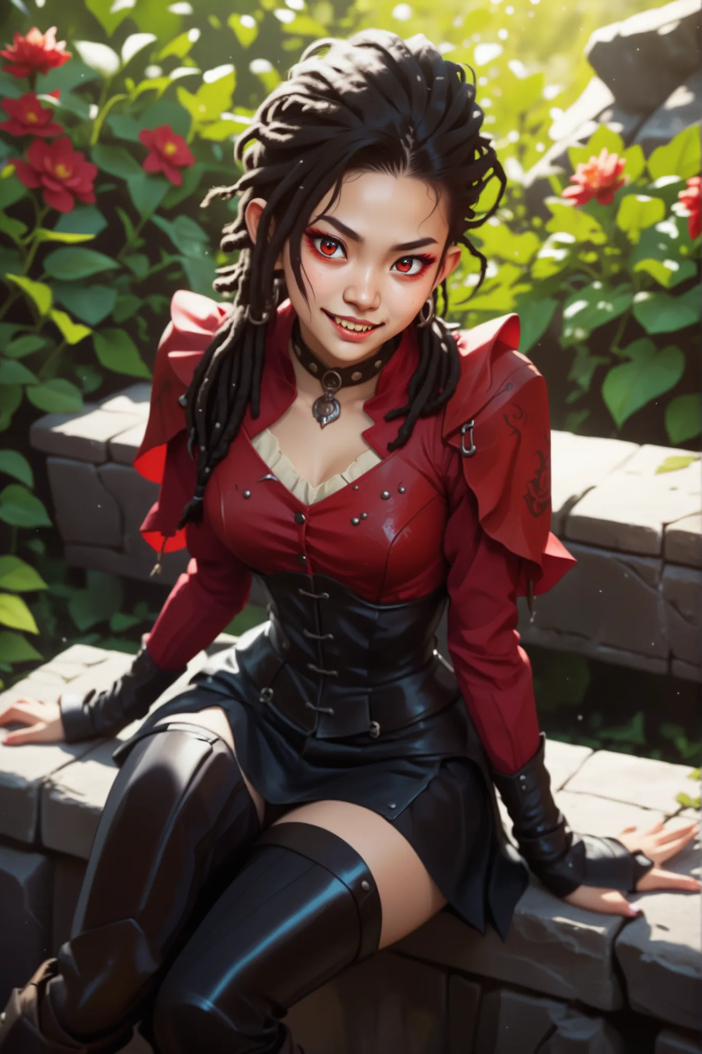Slender body. White skin. Cute 18-year-old Asian bat-demon girl with Asian red eyes and sharp teeth and dreadlocks with white highlights. She has a cute and beautiful face. She has a round and young face with a pointy chin. Her black body is athletic with ...