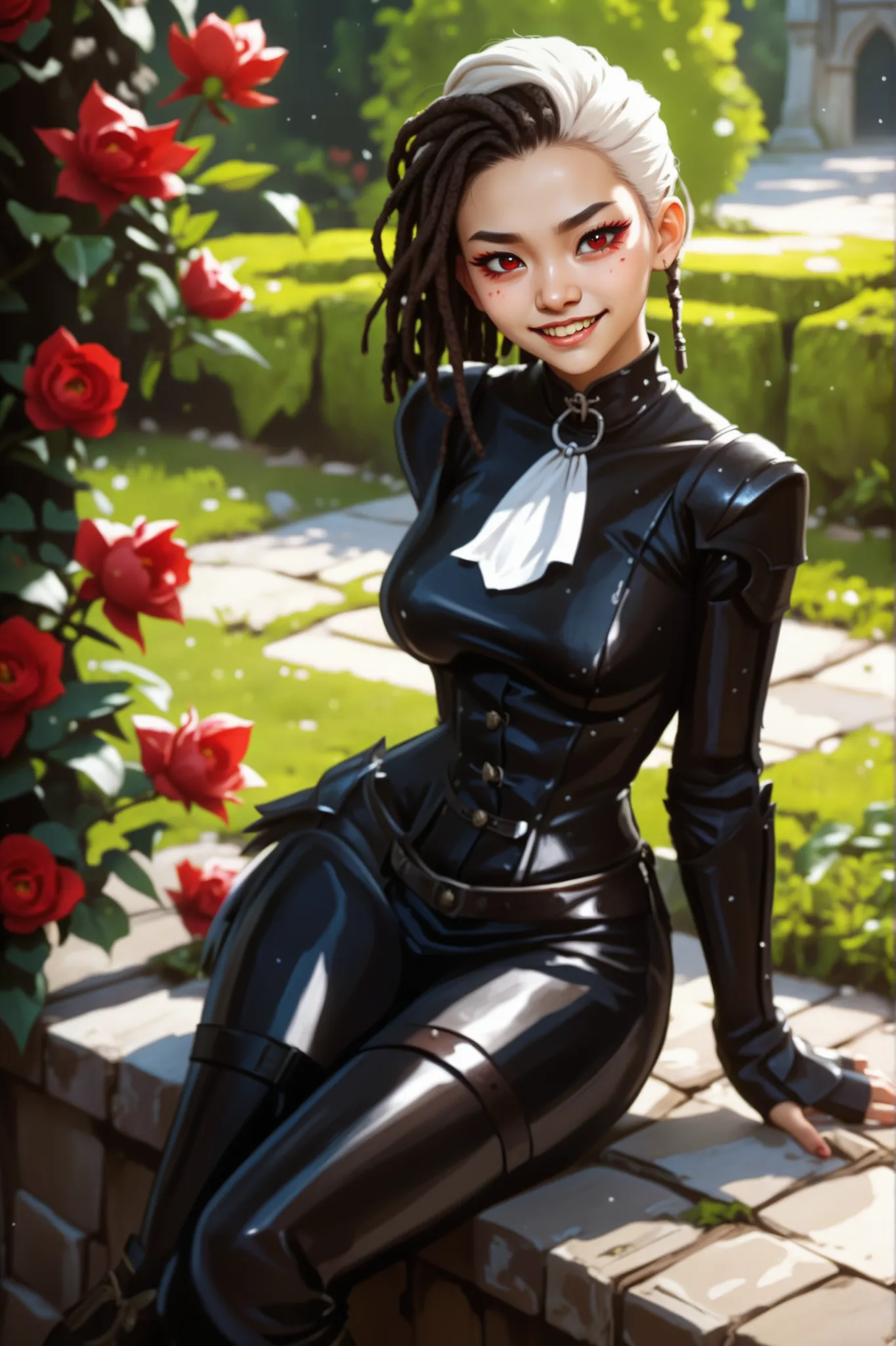 Slender body. White skin. Cute 18-year-old Asian bat-demon girl with Asian red eyes and sharp teeth and dreadlocks with white highlights. She has a cute and beautiful face. She has a round and young face with a pointy chin. Her black body is athletic with ...