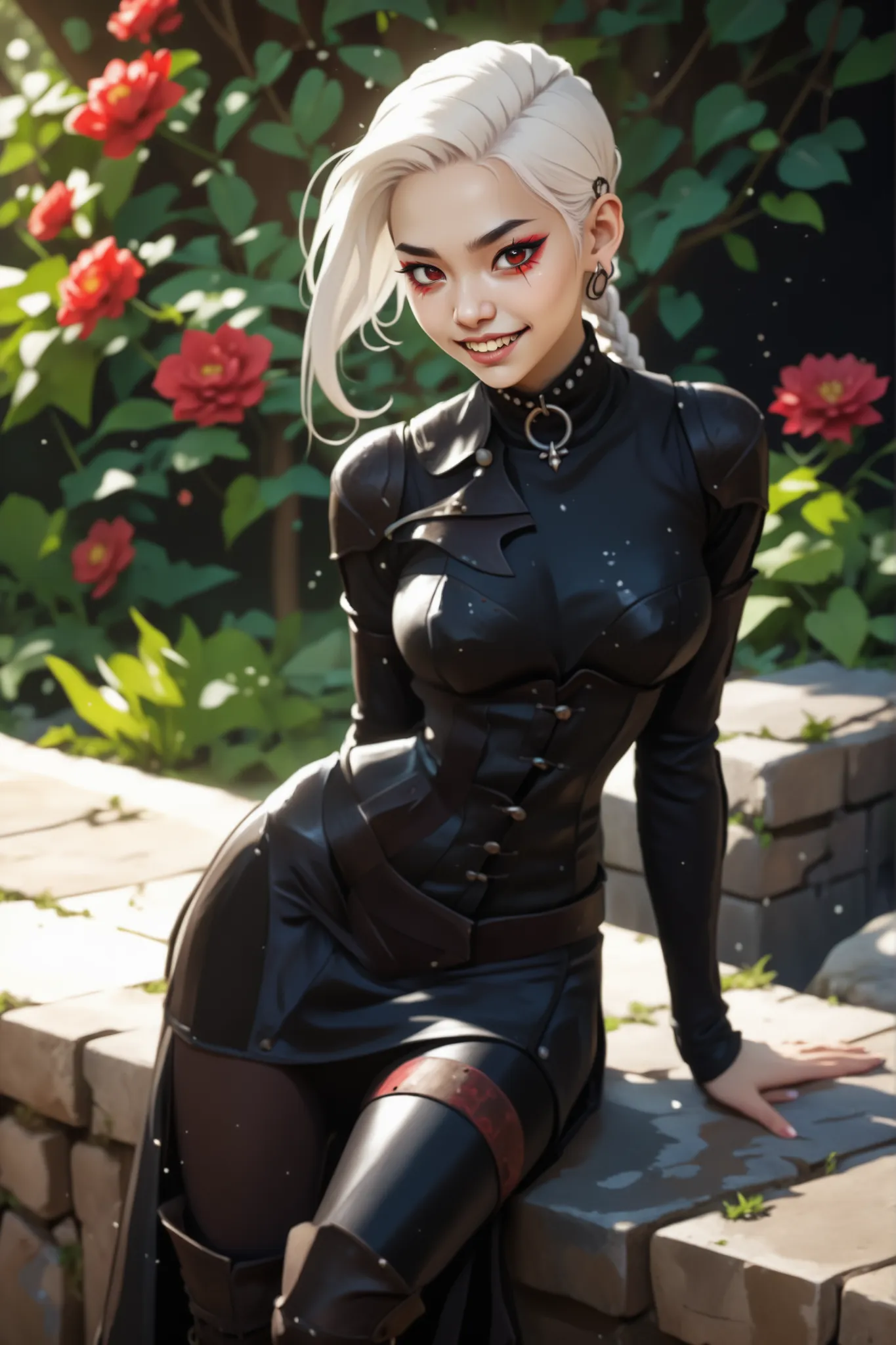 Slender body. White skin. Cute 18-year-old Asian bat-demon girl with Asian red eyes and sharp teeth and dreadlocks with white highlights. She has a cute and beautiful face. She has a round and young face with a pointy chin. Her black body is athletic with ...