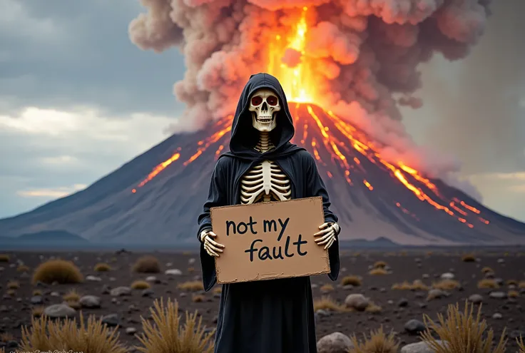 Mount Saint Helens erupting in 1980, Death, grim reaper, wearing a dark robe, realistic human skeleton, comical image, bright, happy, facing viewer, holding a cardboard sign with the words "NOT MY FAULT", aidmatextimprover
