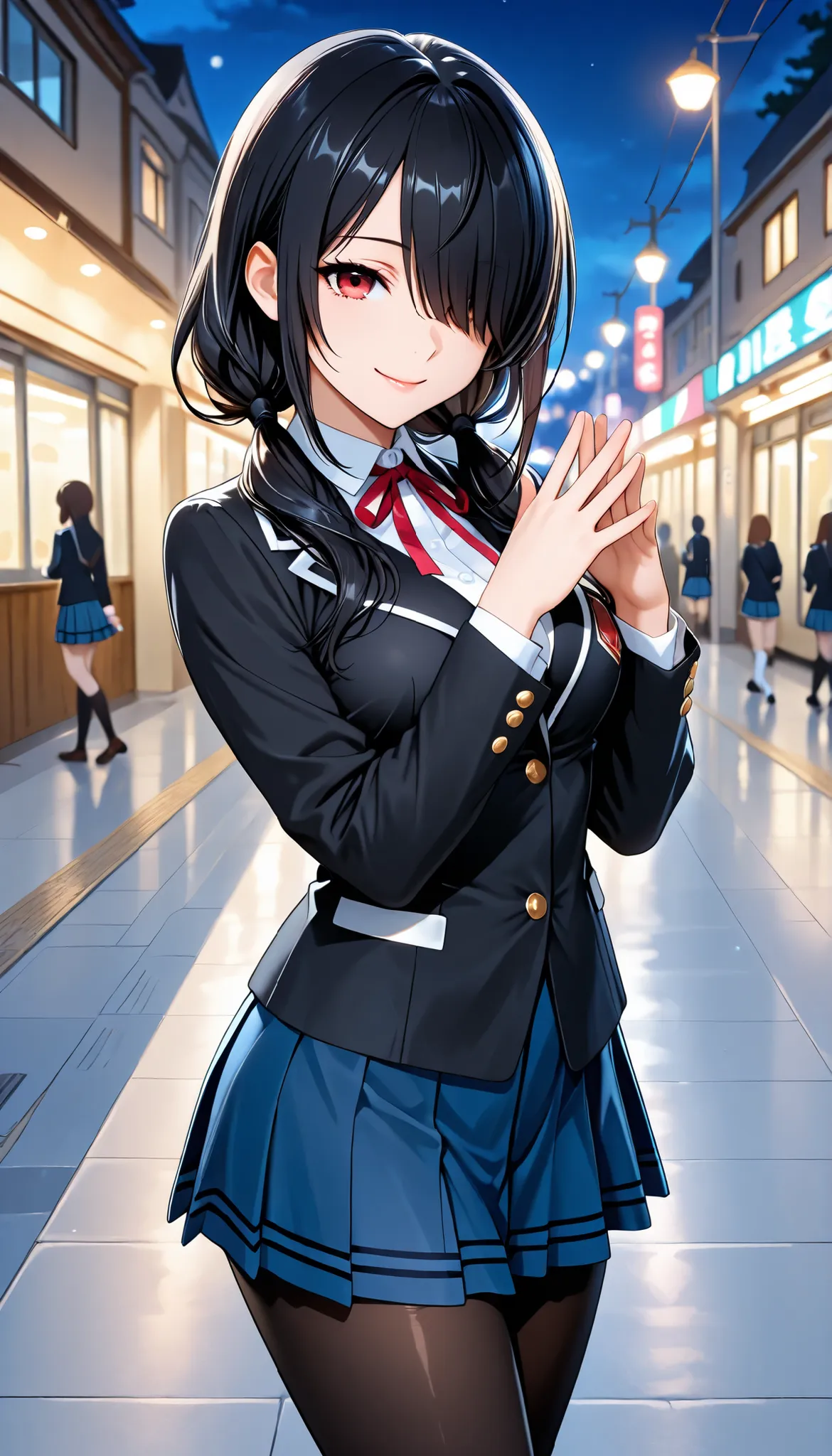 KurumiSchool, black hair, low twintails, hair over one eye, red eye, school uniform, black jacket, blue skirt, neck ribbon, black pantyhose, {{{hide hands}}}, {{low twintails}}, {{night}}, {{medium breasts)), stands, mischievous smile, seductive, attractiv...