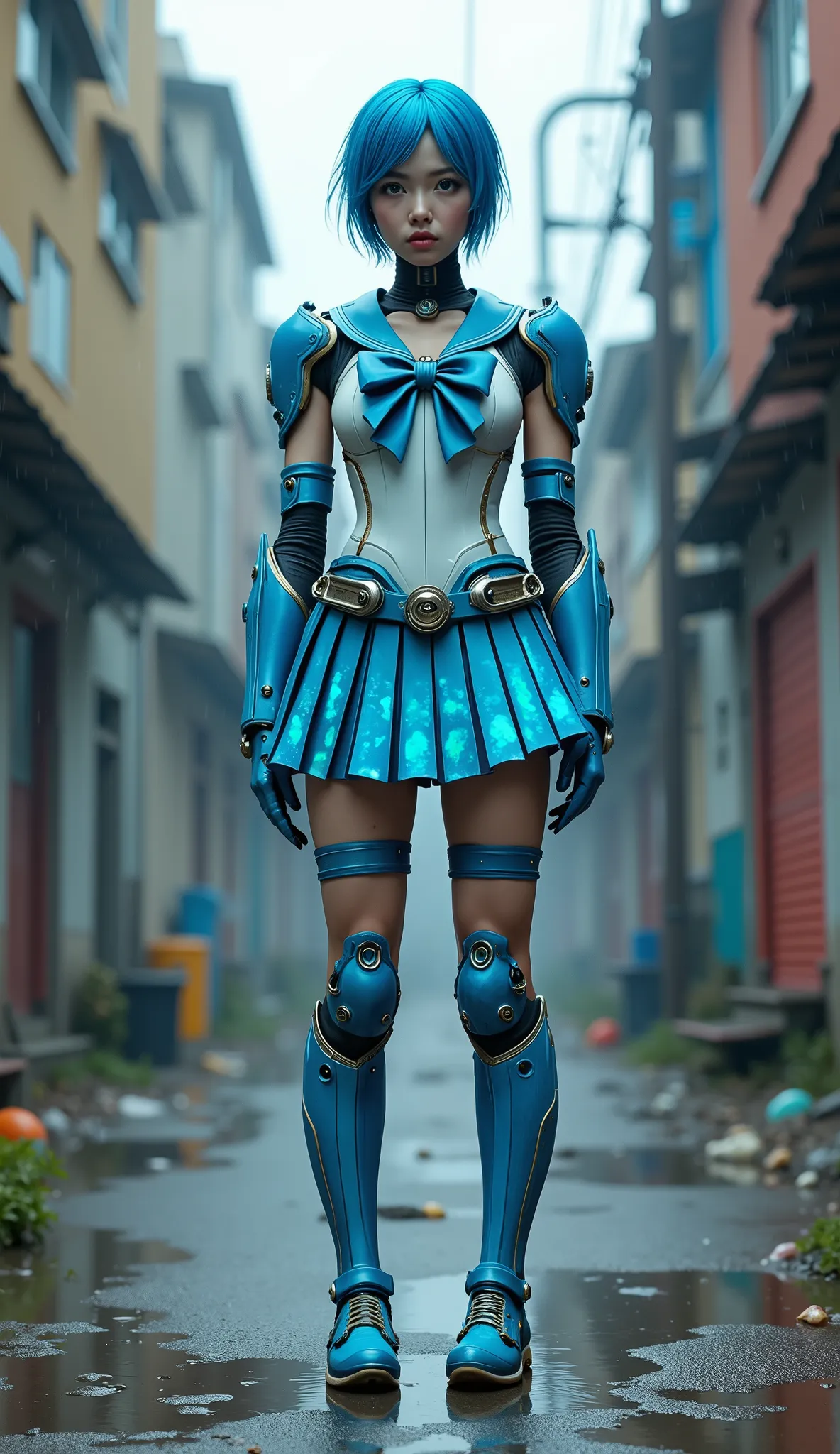 Create a realistic, full-body image of Sailor Mercury as a cyberpunk cybernetic tactician, standing on the same rain-slicked rooftop. Her blue and white school-style uniform is preserved in silhouette, reimagined with reinforced aqua-tinted armor plating, ...