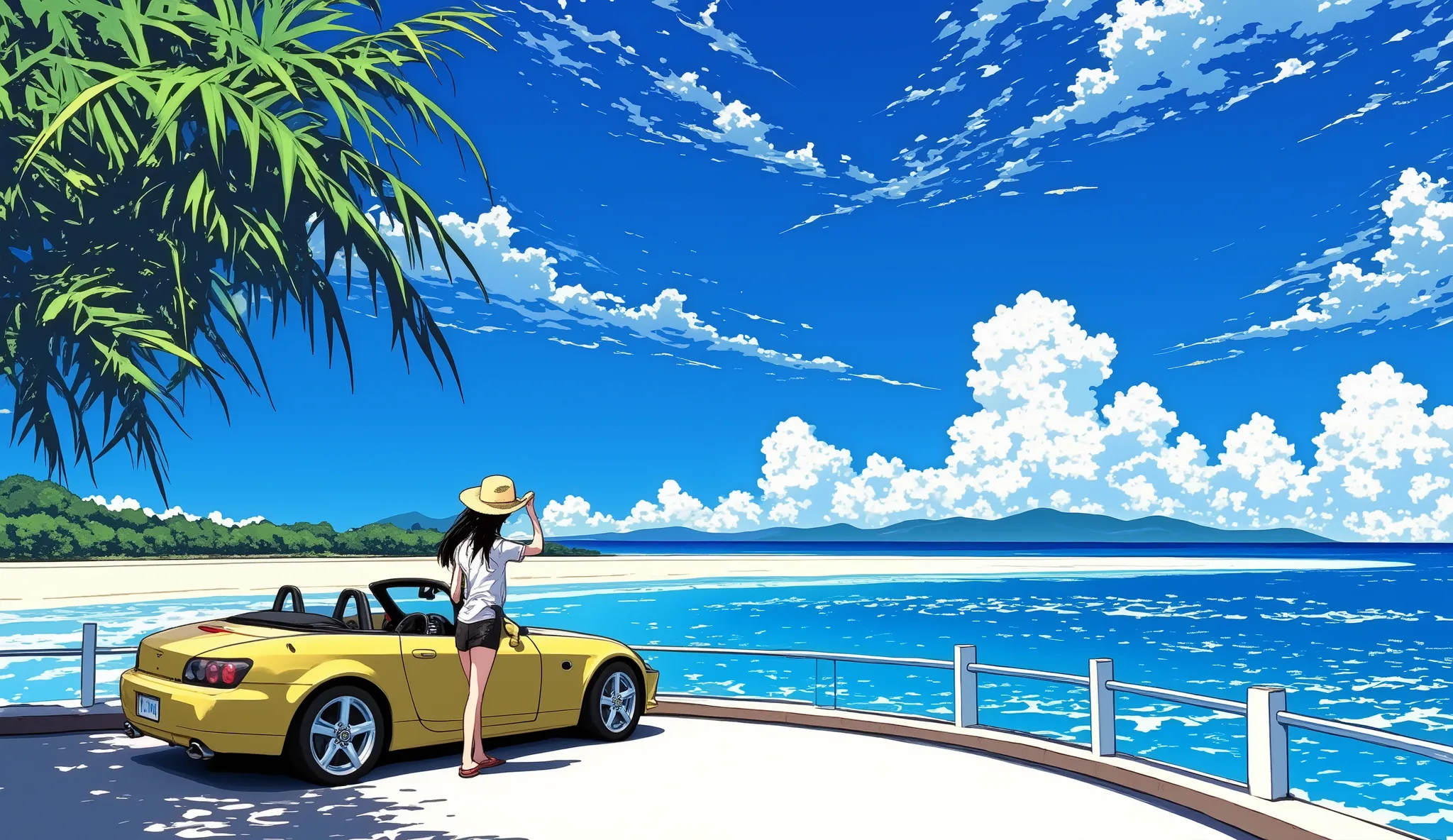 HONDA S2000、A young woman is next to the car、Both the car and the woman look small。Back view、feeling the morning air while watching the ocean。Long black hair、fluttering in the wind、white shirt、are wearing straw hats and holding them down with their hands、、...