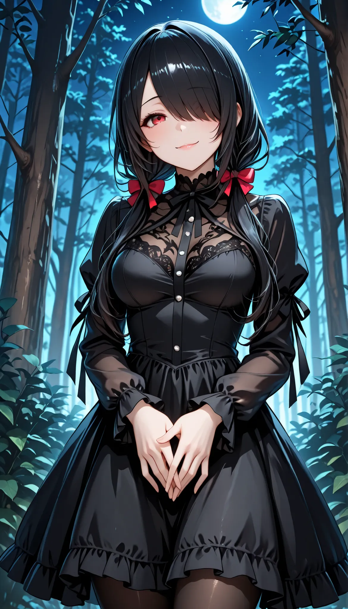 KurumiBlack, hair over one eye, black hair, low twintails, red eye, hair bow, black dress, long sleeves, black pantyhose, {{{hide hands}}}, {{low twintails}}, {{night}}, {{medium breasts)), stands, mischievous smile, seductive, attractive, graceful hands, ...