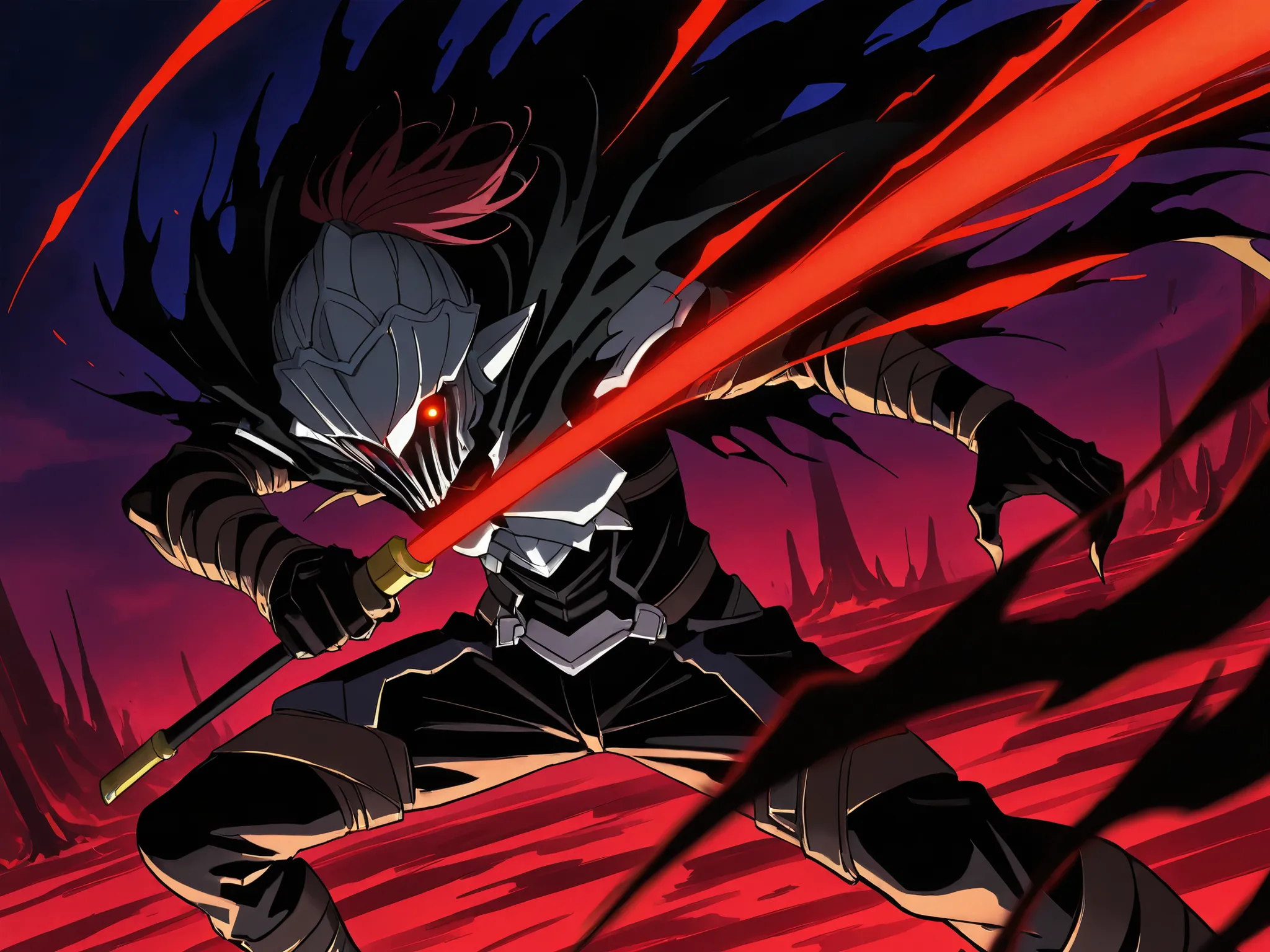 Goblin Slayer surrounded by hundreds of goblins in dark cave, determined stance, torn cloak, glowing red eyes in darkness, anime action scene, 8K, dynamic angle