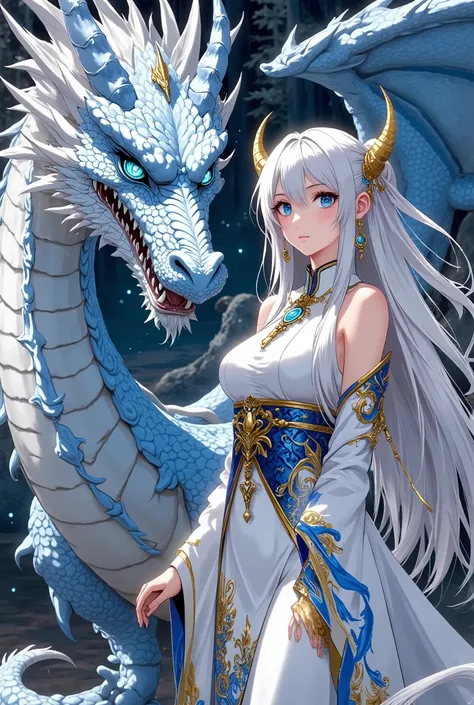 A beautiful and ethereal fantasy scene featuring a majestic blue and gold dragon with glowing eyes and detailed scales, standing beside an elegant female character with long silver and golden hair, wearing a flowing, intricate white and gold dress with blu...
