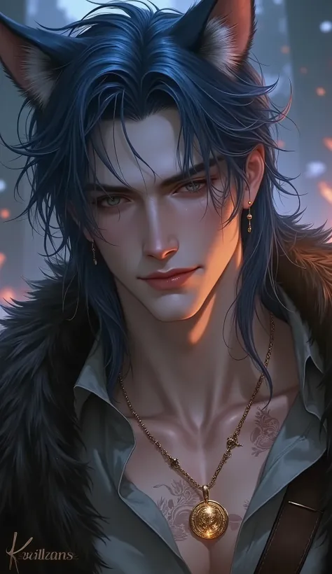 a man,A little bit of muscle, long blue hair shawl ,The eyes shone warmly in the light of the fire,A warm smile on her face,wearing a simple linen shirt,Hanging an amulet with ancient runes engraved around the neck, he has wolf ears on his head 。backgroun...
