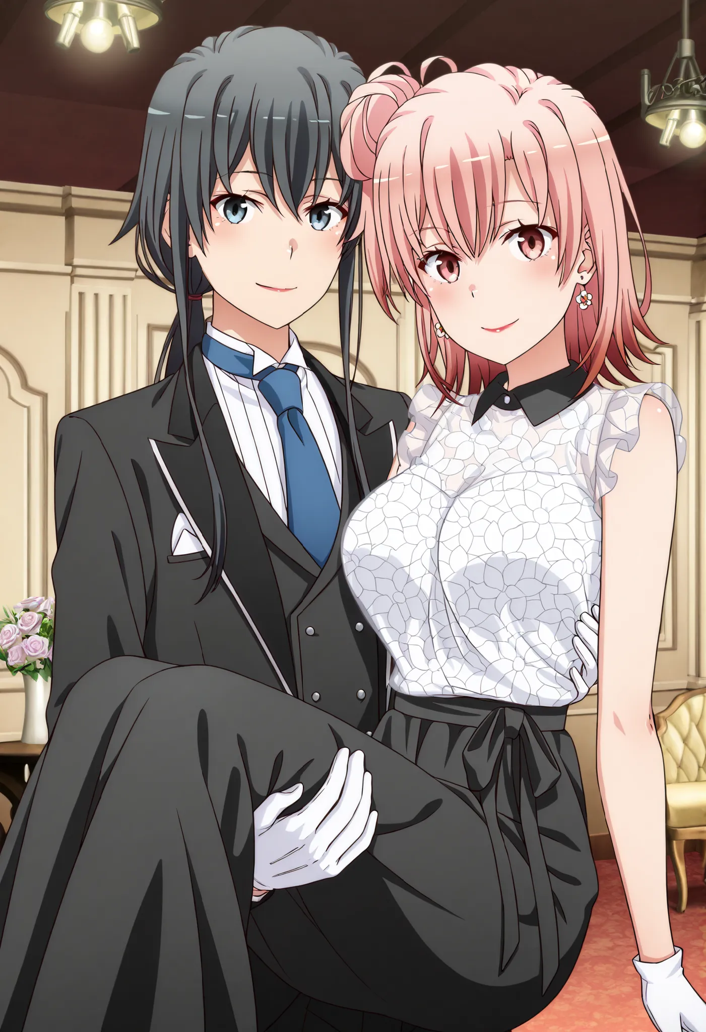 [princess carry:1.8](masterpiece, best quality, official style),ultra detailed,(newest),8k,texture,very aesthetic,(sharp focus),smooth,(unreal engine),realistic skin,anime face,cute round face,detailed eyes, BREAK smile,,,,in front,,,1girl, , standing yuki...
