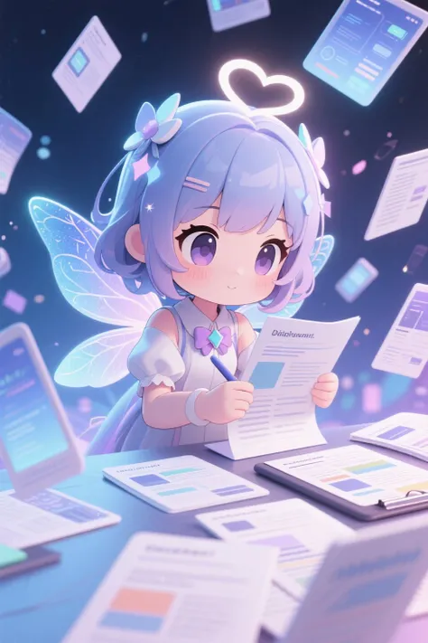 Anime-style images, 3D model style pattern, hentaiAnime-style images, Chibi fairy girl compiling digital reports, Summary article, chibi fairy girl organizing digital-style articles, a number of digital articles floating, digital fantasy background
