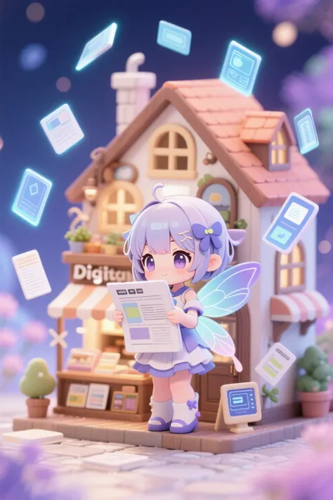 Mini shop, miniature house, Anime-style images, 3D model style pattern, hentaiAnime-style images, Chibi fairy girl compiling digital reports, Summary article, chibi fairy girl organizing digital-style articles, a number of digital articles floating, digital fantasy background