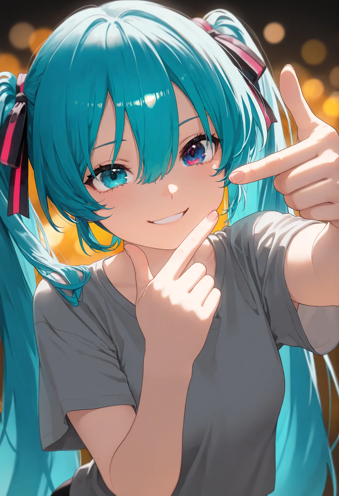 1girl, solo, Hatsune Miku, turquoise hair floating on her face, twin tail, hair ribbon, Bangs on forehead, hair between the eyes, Iris heterochromia, Fine eyes, Blue Eyes, PinkEye,
Grey Tee, short sleeve, Roomy Shirts,
Pointing, Hand Focus, compulsory dis...