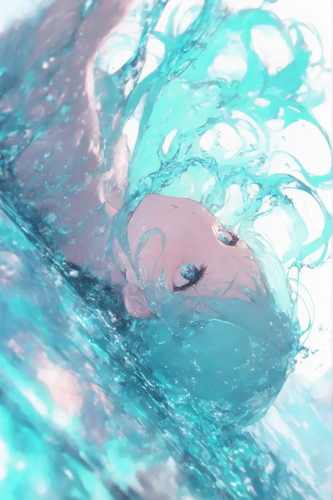  masterpiece, top quality, Good quality, very beautiful, very high resolution, Newest, 8k, depth of field, focused subject, 
Dynamic Angle, Dutch angle, 1girl, Woman,  flowing hair , Long Hair, aqua hair, Splashes of color ,
ckym, blue reflective light for...