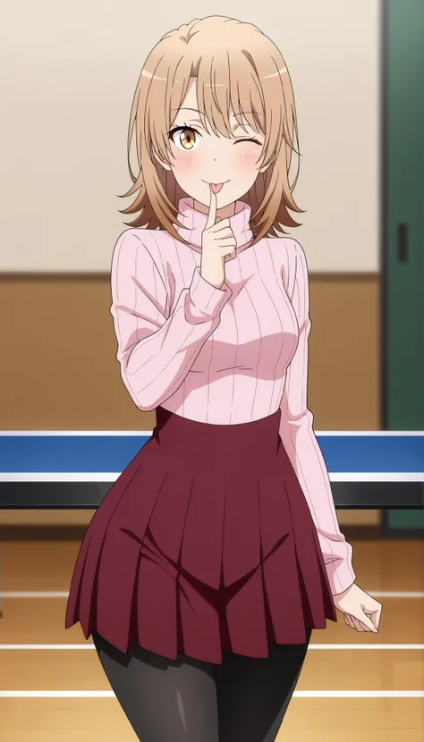 anime screencap, masterpiece, best quality,

1girl, solo, closed mouth, smile, blush, tongue out, one eye closed,
medium hair, multicolored hair, light brown hair, brown hair, yellow eyes, hair between eyes, wide hips 
turtleneck sweater, ribbed sweater, p...