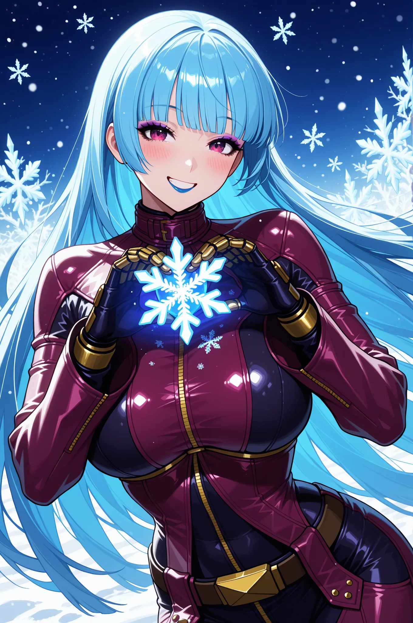 masterpiece, best quality, absurdres, newest, very aesthetic, amazing quality,highres, Kula Diamond \(king of fighters\), blue hair, hime cut, purple eyes, gloves, (1girl), (detailed face:1.2), (detailed eyes:1.3), black eyeliner,purple eyeshadow, blue lip...