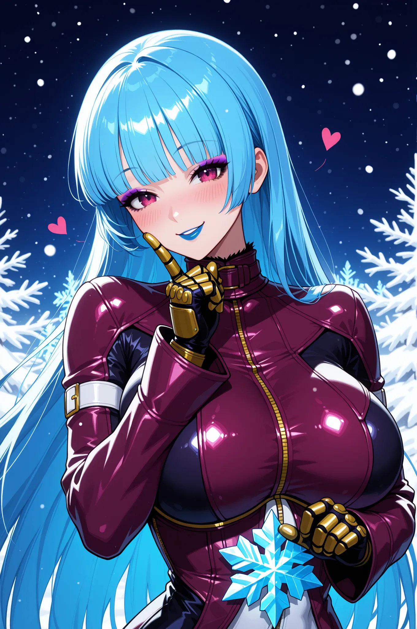 masterpiece, best quality, absurdres, newest, very aesthetic, amazing quality,highres, Kula Diamond \(king of fighters\), blue hair, hime cut, purple eyes, gloves, (1girl), (detailed face:1.2), (detailed eyes:1.3), black eyeliner,purple eyeshadow, blue lip...