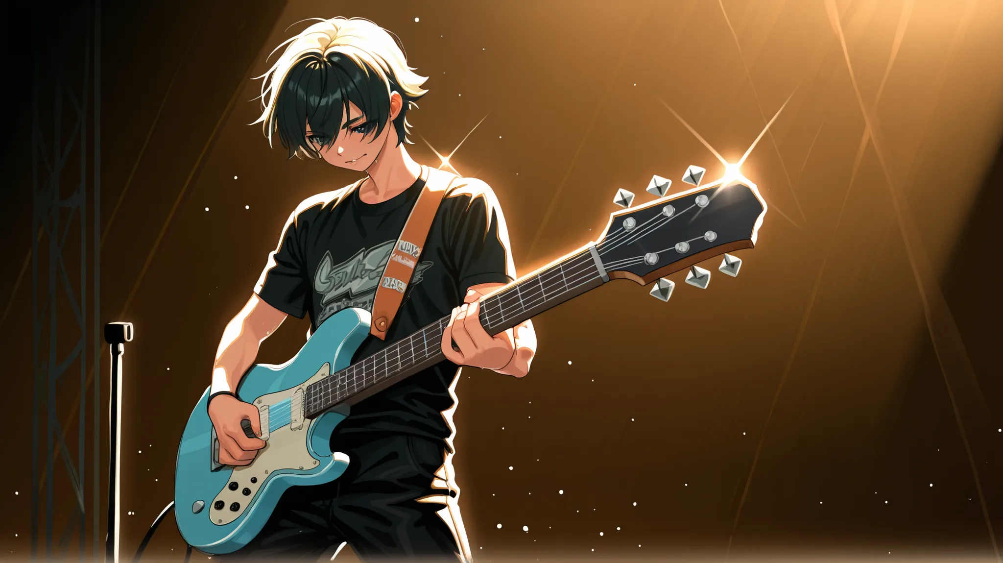 Stage, sunlight shining through, male in front holding a guitar, band in back, playing, 