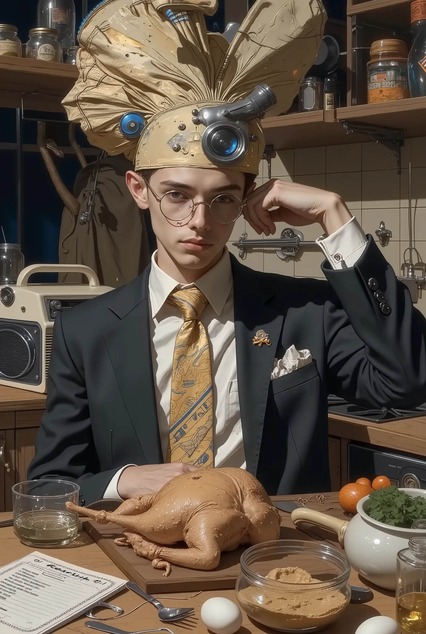 A handsomen, 19 years wearing a crazy cook hat stands in the kitchen. surreal collage, a contemporary artistic collage, collage artwork, New Album Jacket, great job!! , digital collage, (collage), collage art, contemporary collage, mixed media collage, sur...
