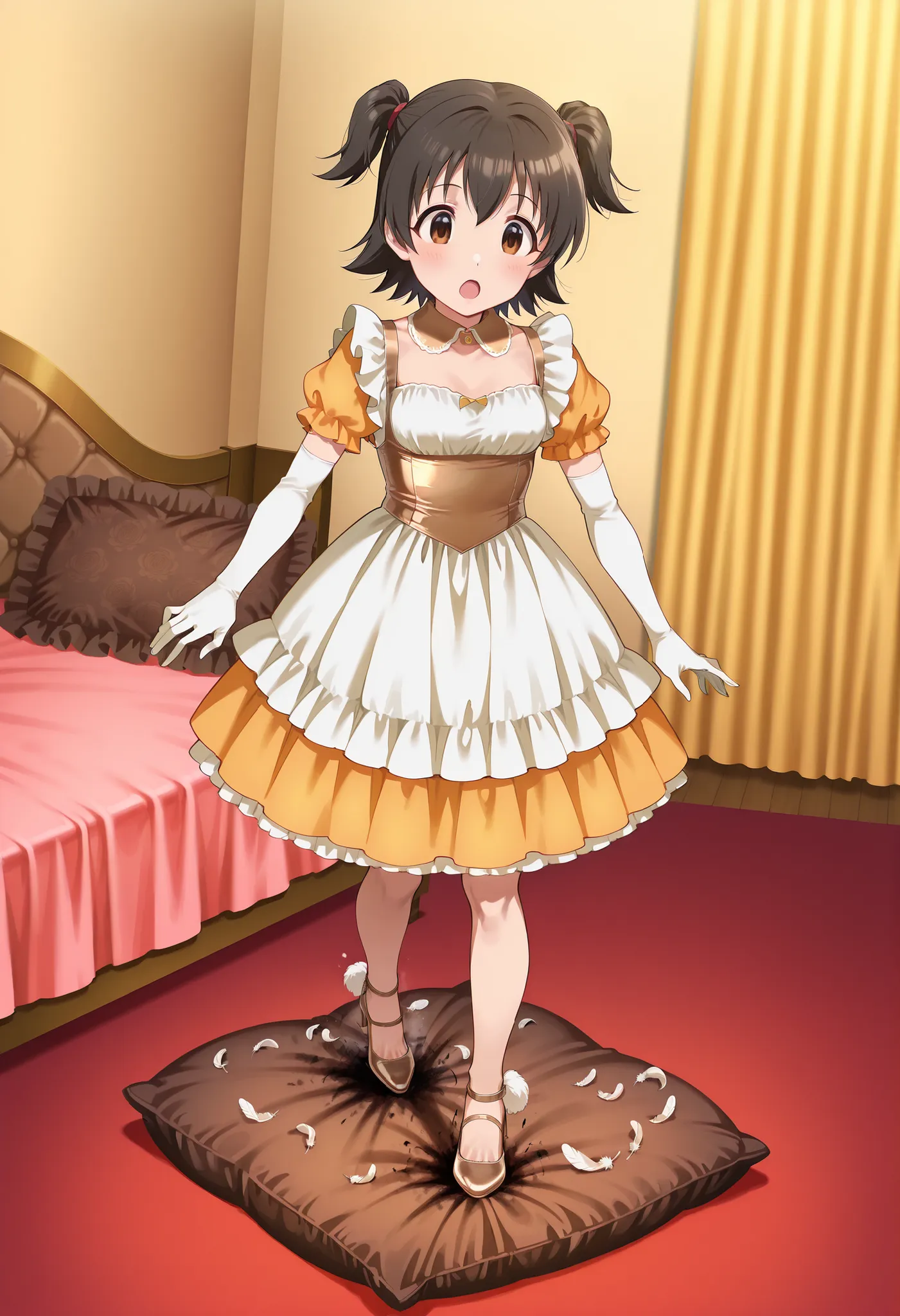 (score_9:0.9),score_8_up,score_7_up,negative_hand, realistic,Akagi_Miria_Cinderella, short hair, black hair, brown eyes, two side up, hair between eyes , lovely small breasts , alice dress, alice in wonderland dress, over elbow glove, satin, 1girl, solo, n...