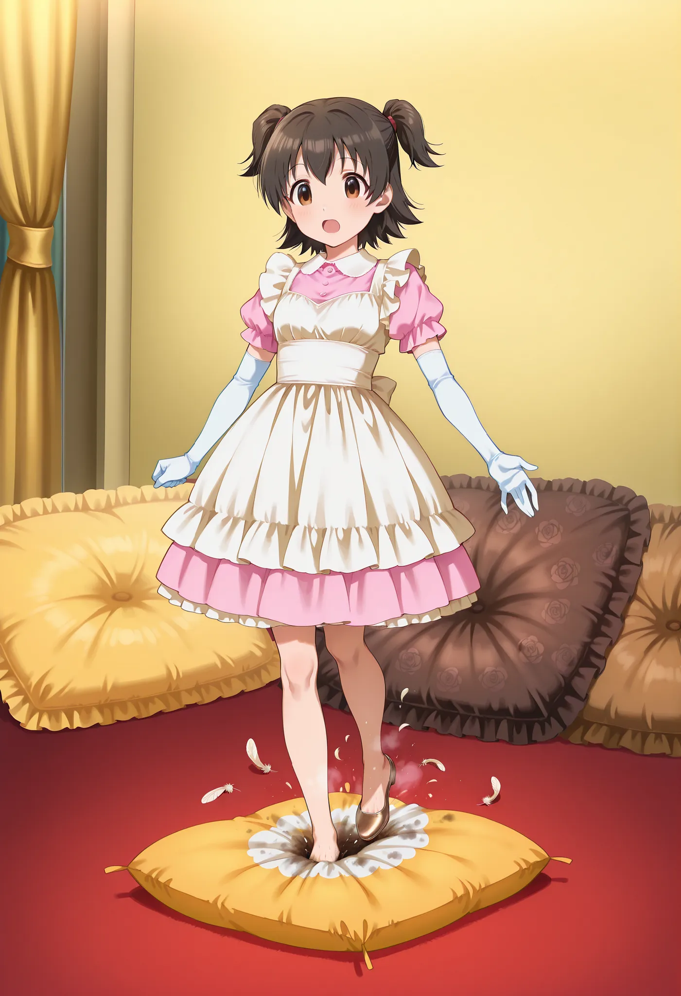 (score_9:0.9),score_8_up,score_7_up,negative_hand, realistic,Akagi_Miria_Cinderella, short hair, black hair, brown eyes, two side up, hair between eyes , lovely small breasts , alice dress, alice in wonderland dress, over elbow glove, satin, 1girl, solo, n...
