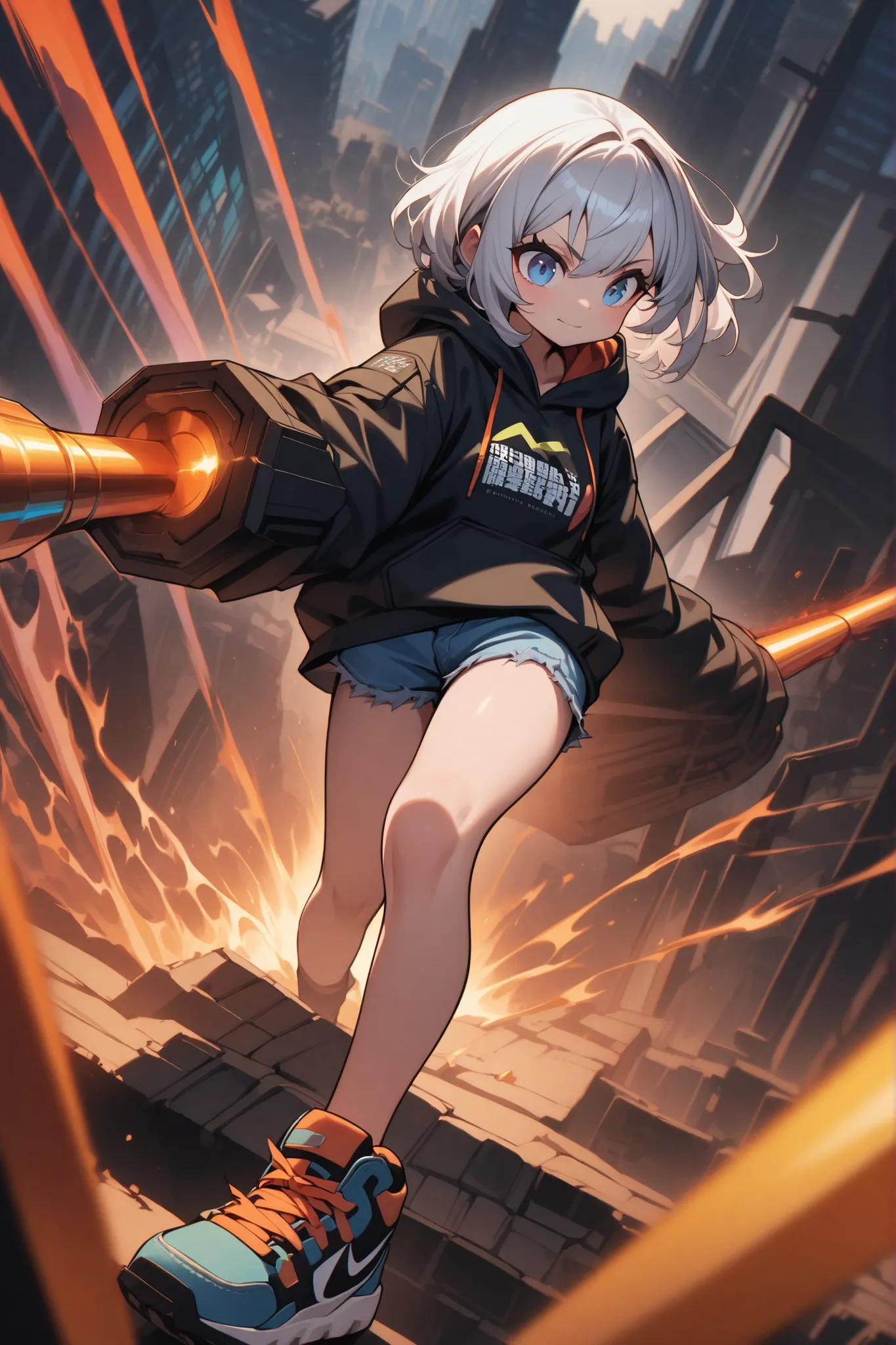 1 cute girl、beautiful silver hair、short bob hair、faint laugh、A girl holds a huge hammer、superconducting hammer can quickly break through ., 「superconductor hammer」and was developed by scientists to counter strong defenses . This hammer has a hammer head ma...