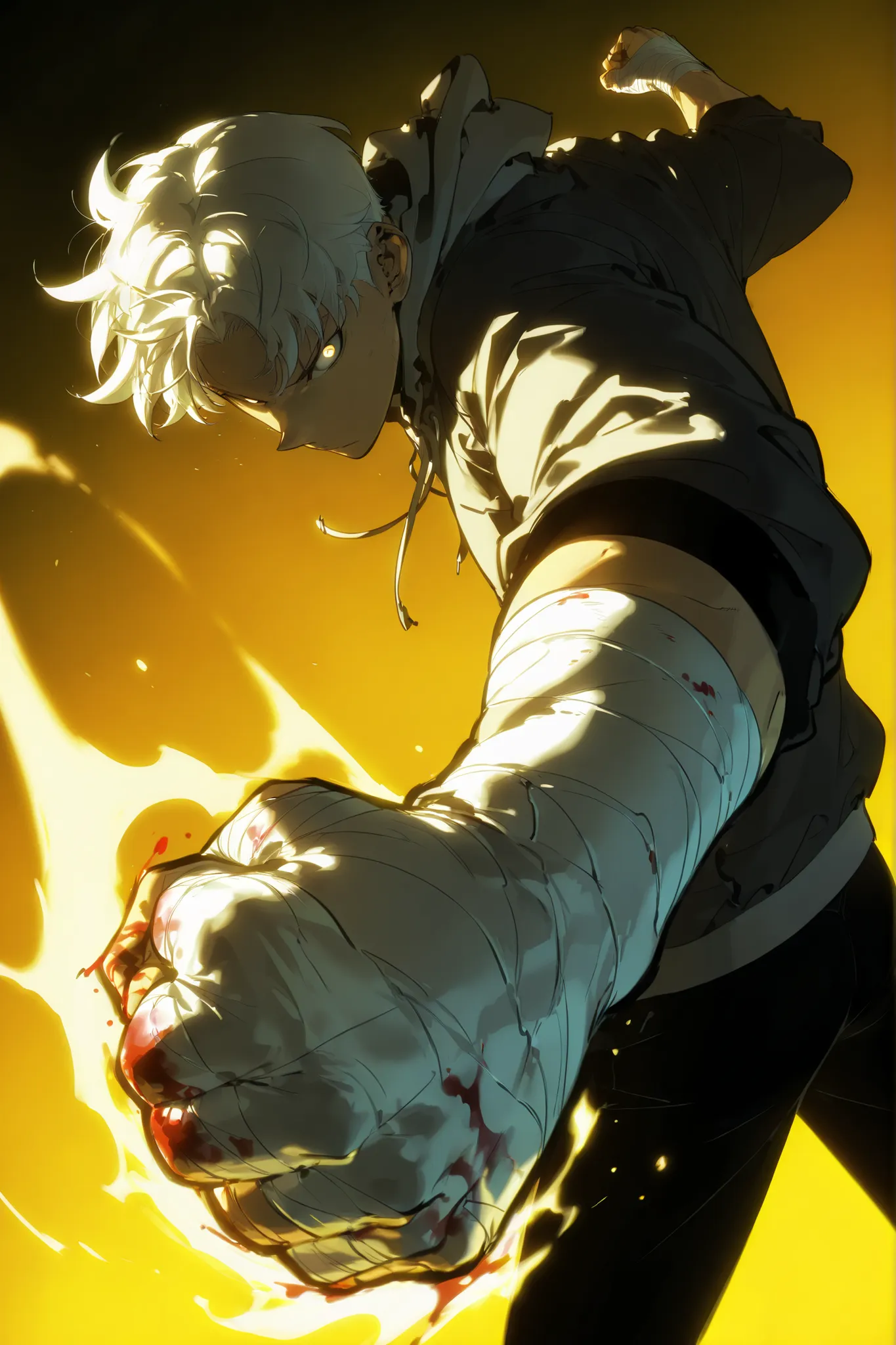 Handsome, Athletic, alone, male, Short spicky hair, long white hair, black orange eye, black shirt, white orange and black unzipped hoodie with rolled up sleeves, black pants, , intricate sketch, expressive eyes nose and mouth, simple pose, clench fist, bl...