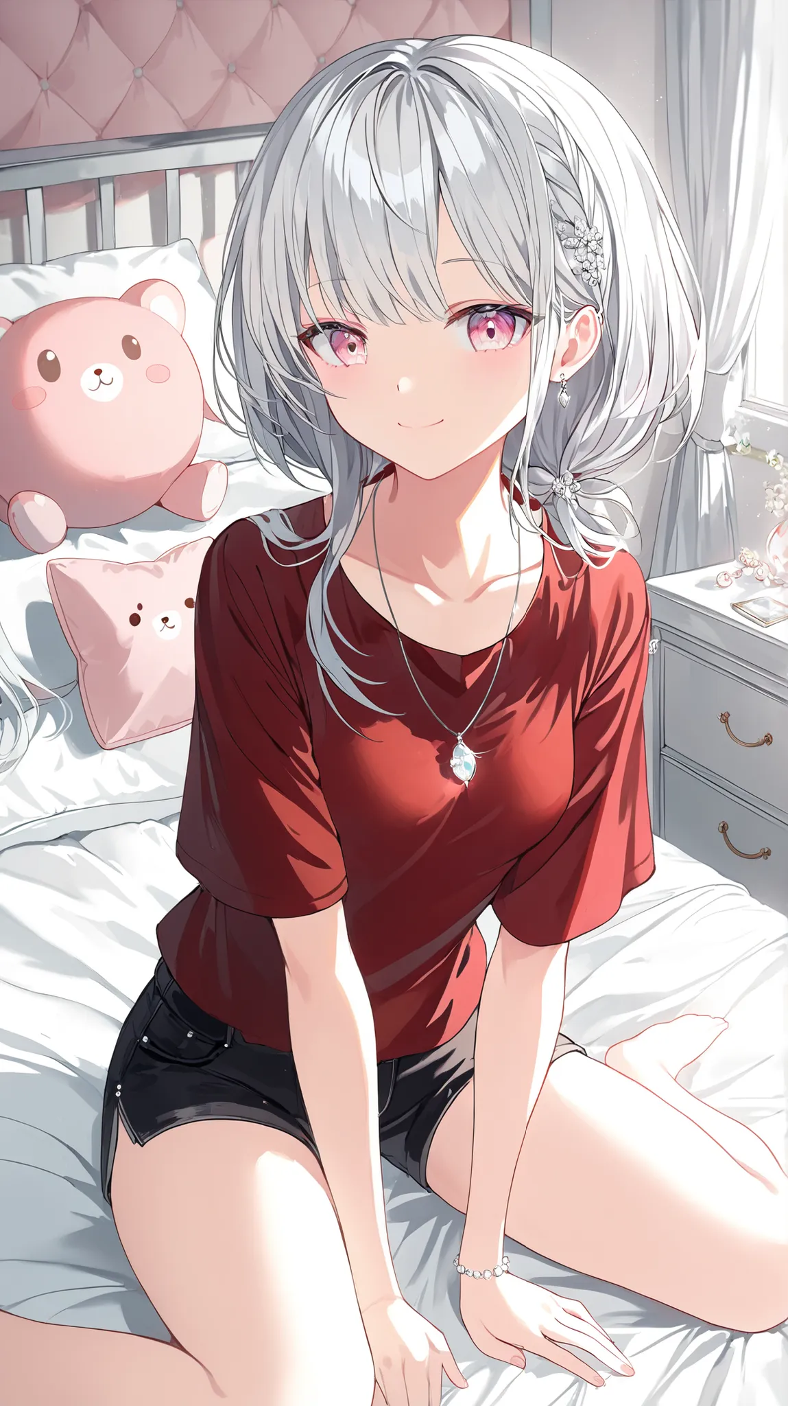 korean young woman, long silver hair with little bit of white hair made into elegant and cute hairstyle, light pink eyes, small round face, cute smile, small breasts, wearing dark red shirt with short sleeves and black jean shorts, wearing silver pendant w...