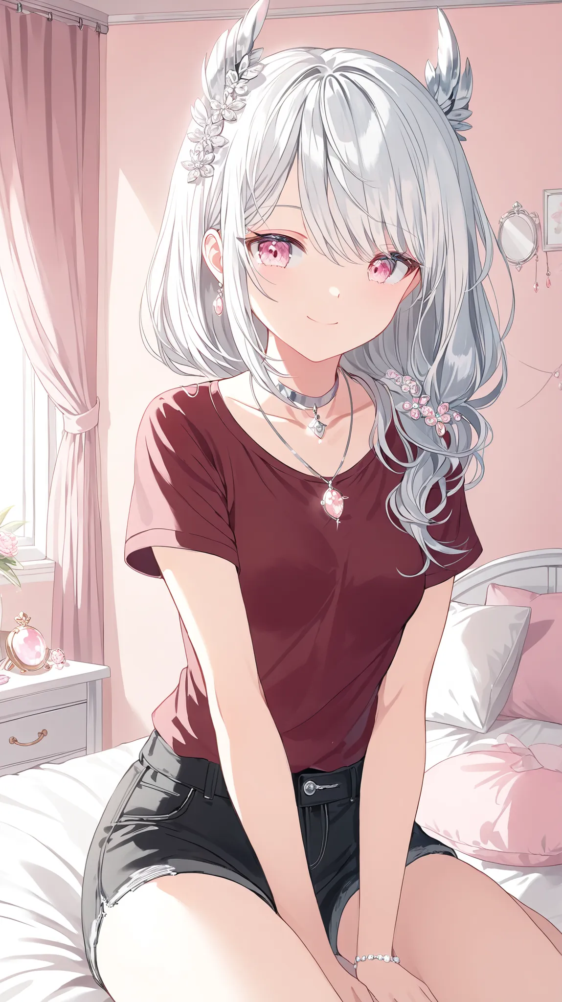korean young woman, long silver hair with little bit of white hair made into elegant and cute hairstyle, light pink eyes, small round face, cute smile, small breasts, wearing dark red shirt with short sleeves and black jean shorts, wearing silver pendant w...