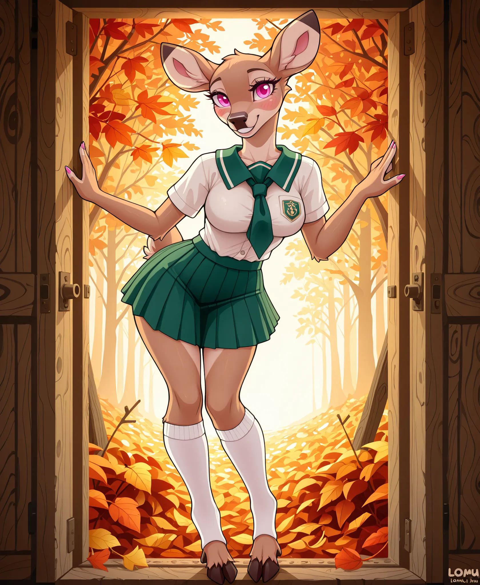 (Masterpiece, better quality, very aesthetic, extremely high resolution, colorfull,  Sloimu, Loimu, Loimu the Deer, Furry, Anthro, Deer Girl, Deer Ears, Deer Tail, Deer Feet, Pink Eyes, Large Ears, Eye Lashes, Blush, Pink Nails, School Uniform, Green Tie, ...