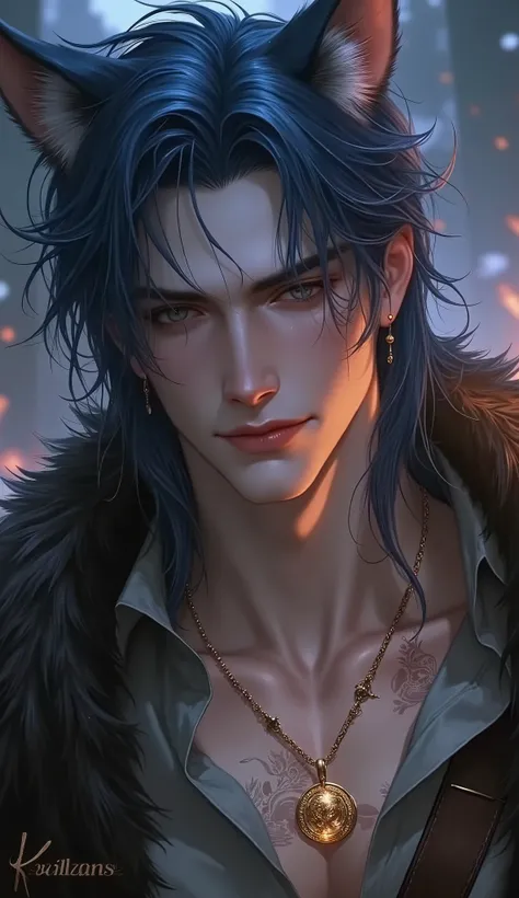 a man,A little bit of muscle, long blue hair shawl ,The eyes shone warmly in the light of the fire,A warm smile on her face,wearing a simple linen shirt,Hanging an amulet with ancient runes engraved around the neck, he has wolf ears on his head 。backgroun...