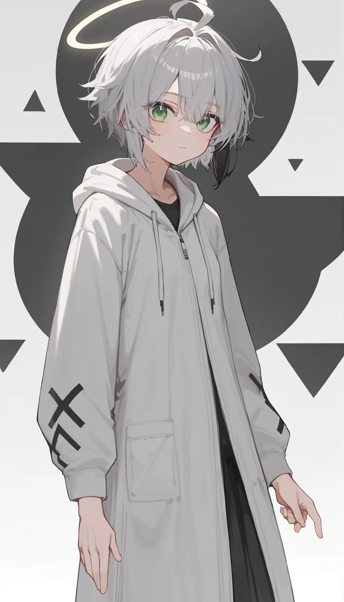 girl,, gray hair,in green eyes,Bob hair,white shirt,Long dress , Tomboy,cute,AMBASSADOR,BLACK TRIANGLE PATTERN BACKGROUND,Hoodie, Halo,slim,Ahoge,girl AI,white hair,Two tone hair,XXX,X model eyes,Body Shapes,Milf,Small breasts,