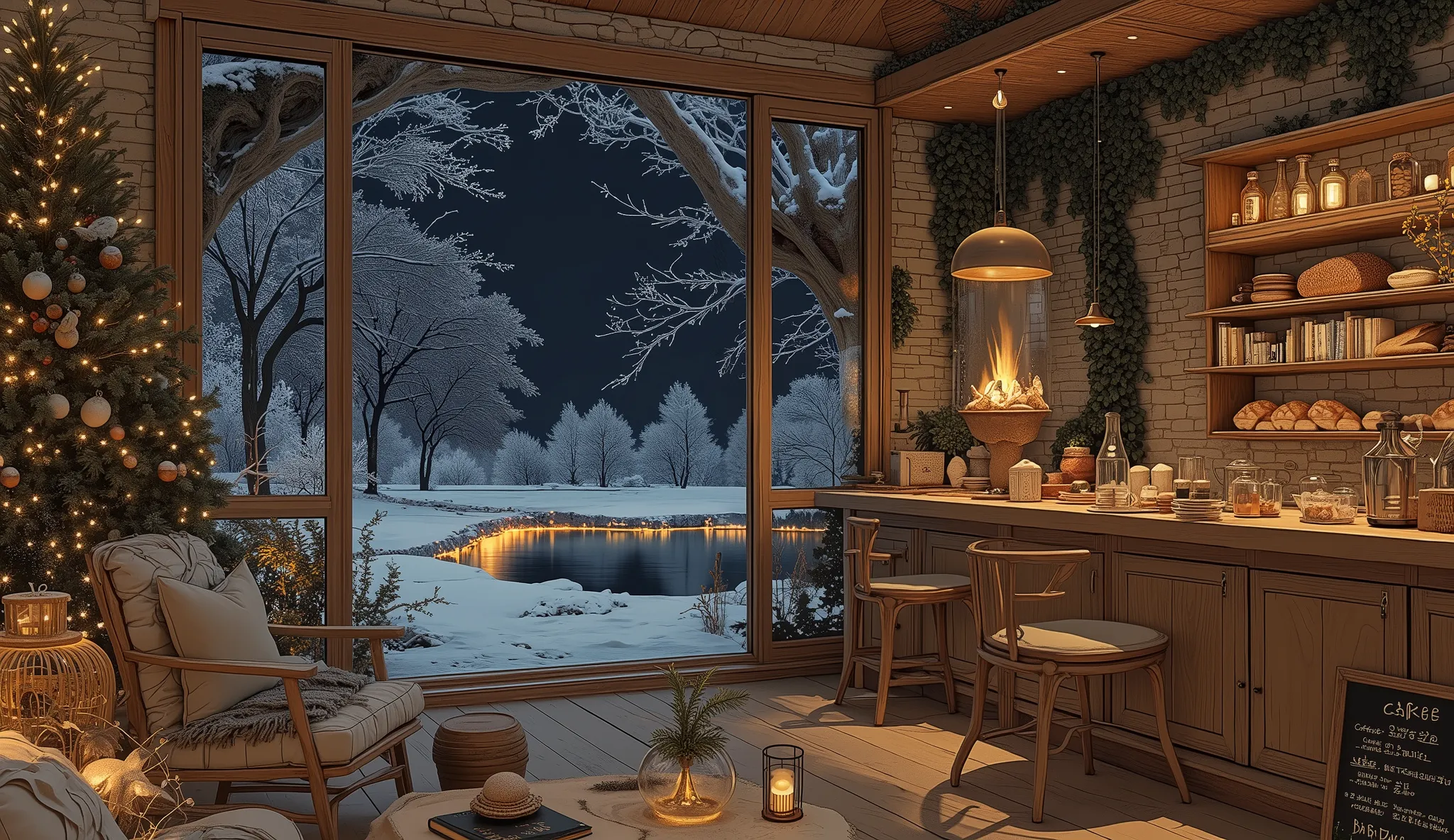 Cozy cabin with fireplace, không có cây Giáng sinhThe scene depicts a Cozy cabin with fireplace, without a rustic cafe Christmas tree, overlooking a beautiful Tranh sơn dầu và acrylic trên vải, một căn bếp của nhà bà ngoại vào ban đêm. Cảnh được dựng theo ...