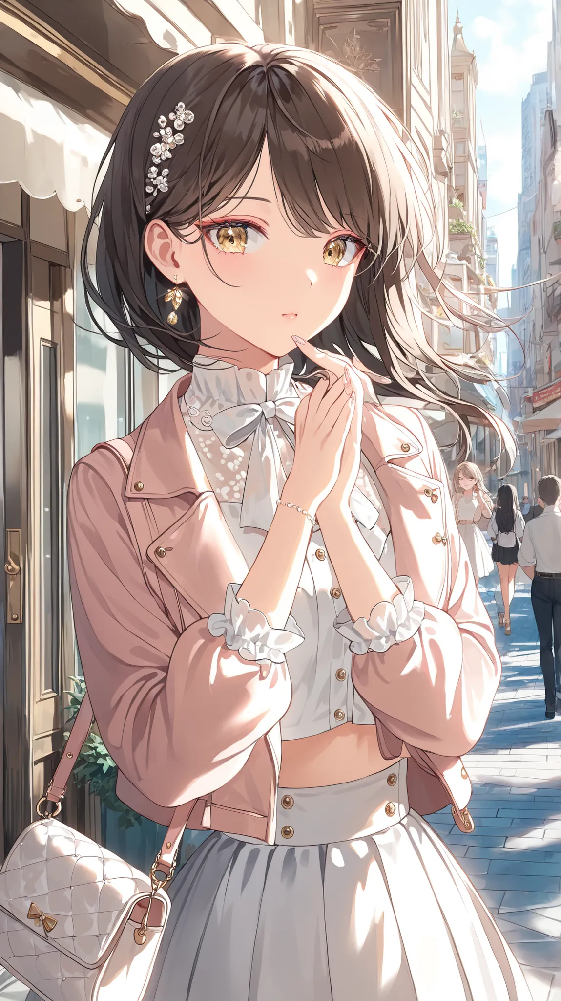 beautiful Korean high school girl named Kang Harin, walking confidently down a stylish city street. She has dark brown long hair made into elegant and cute hairstyle, she wears an elegant ivory chiffon blouse with soft ruffled sleeves and a delicate bow-ti...