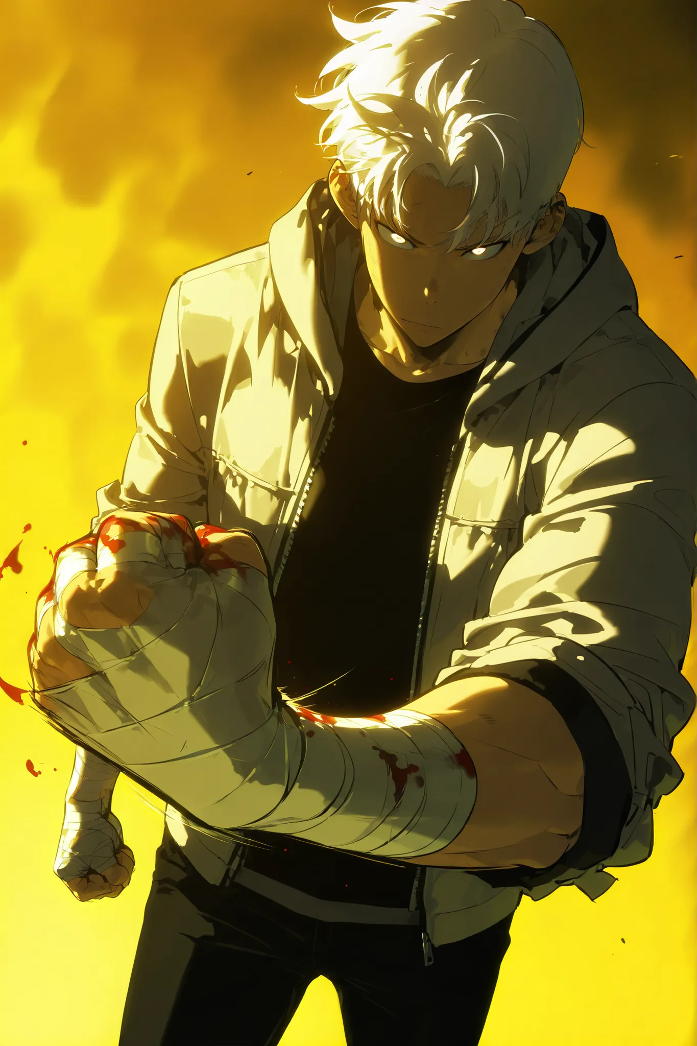 Handsome, Athletic, alone, male, Short spicky hair, long white hair, black orange eye, black shirt, white orange and black unzipped hoodie with rolled up sleeves, black pants, , intricate sketch, expressive eyes nose and mouth, simple pose, clench fist, bl...